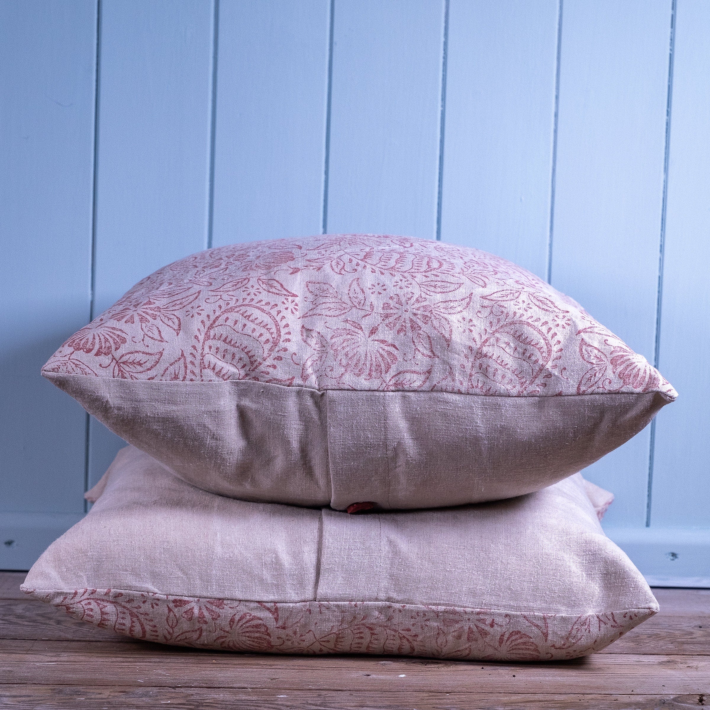 Hand made printed cushion cover,  antique French linen