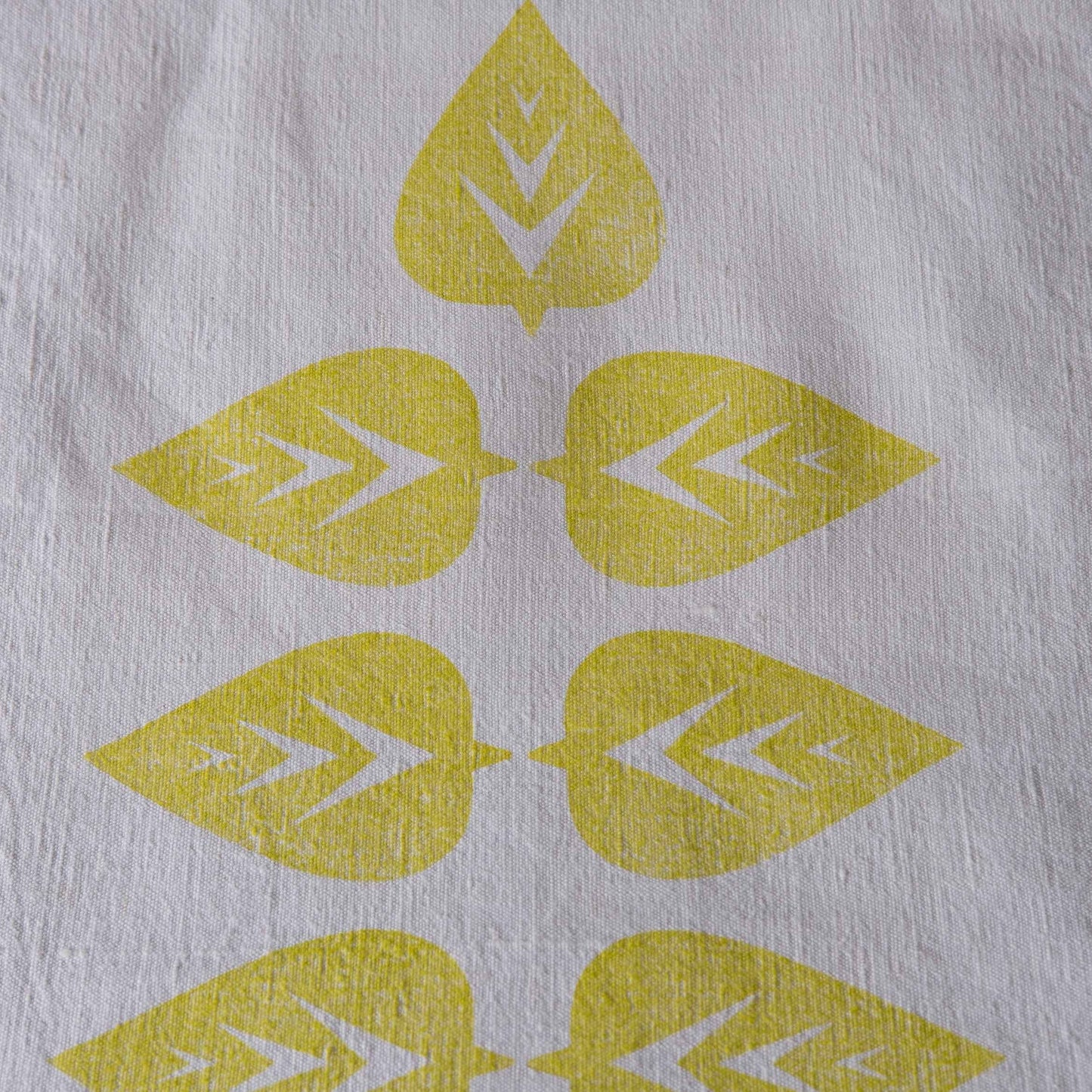 Vintage French linen table runner, hand block printed leaf design