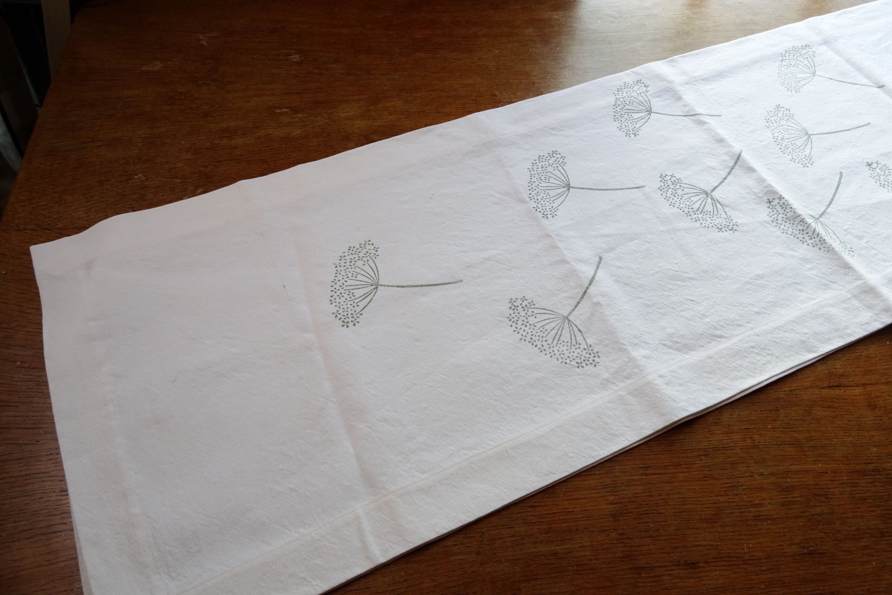 Extra long vintage French linen table runner, hand block printed seedhead design