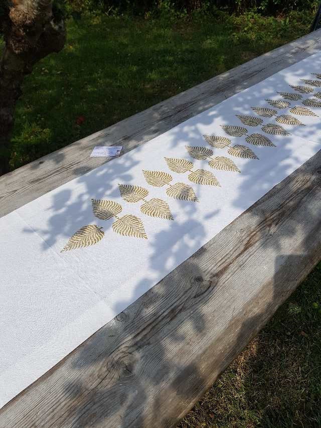 Long vintage French linen table runner, hand block printed fern leaf design
