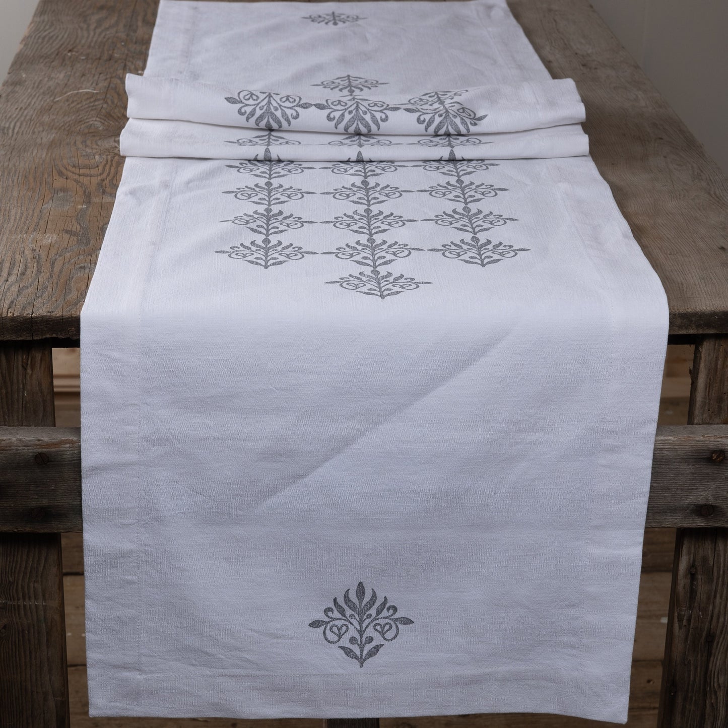 Vintage French linen table runner, hand block printed