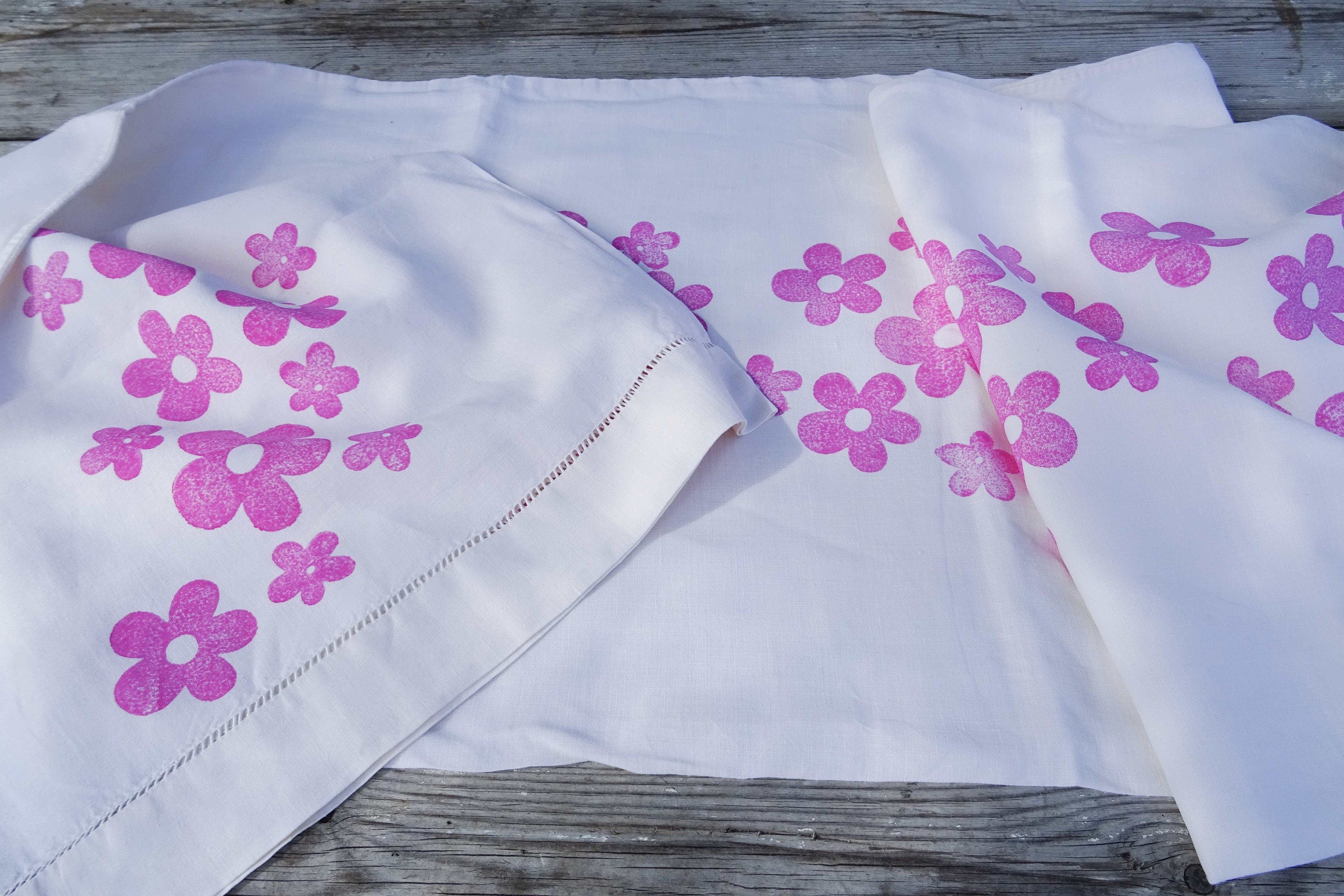 Extra long vintage French linen table runner, hand block printed