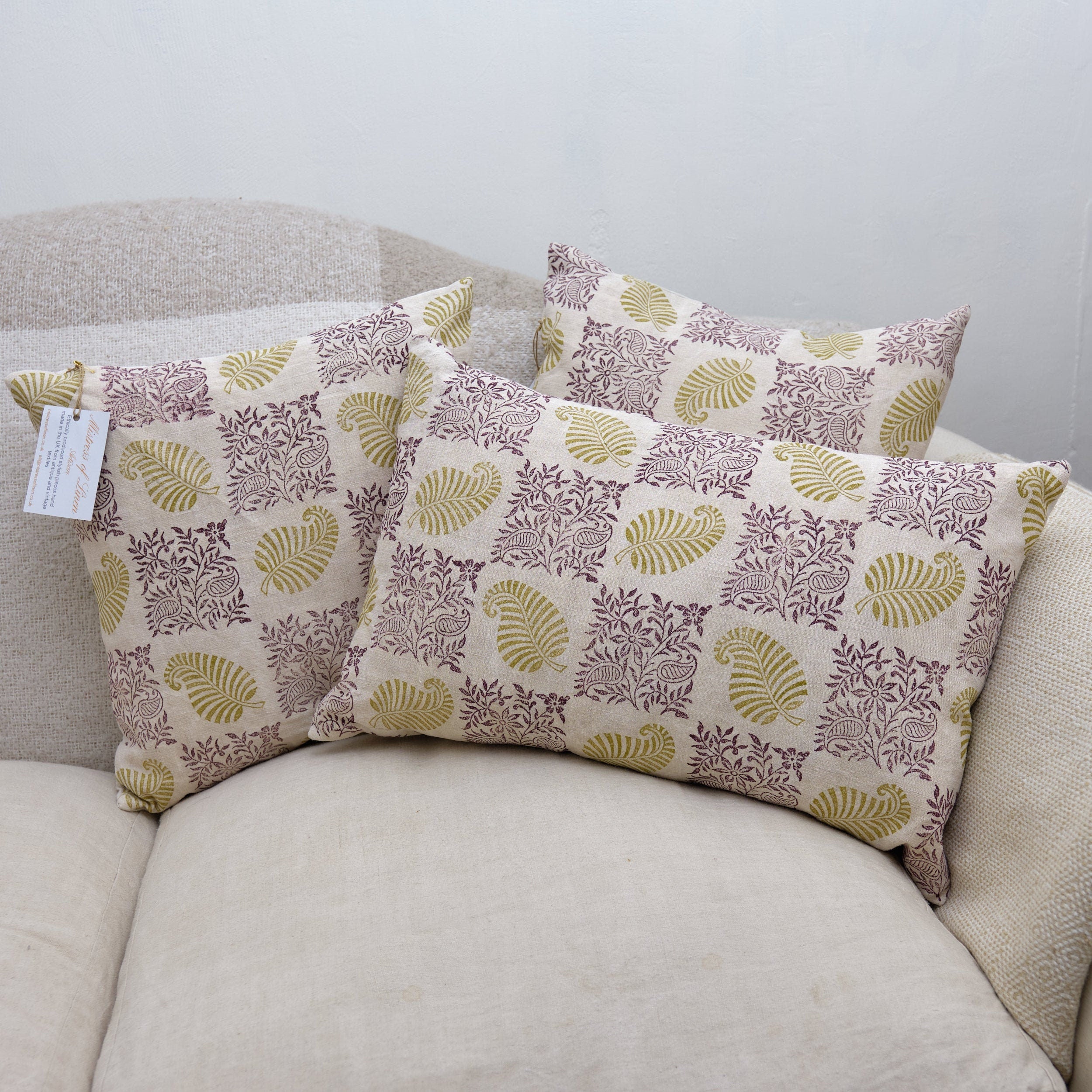 Medium hand made cushion cover, block printed antique French hemp with vintage buttons