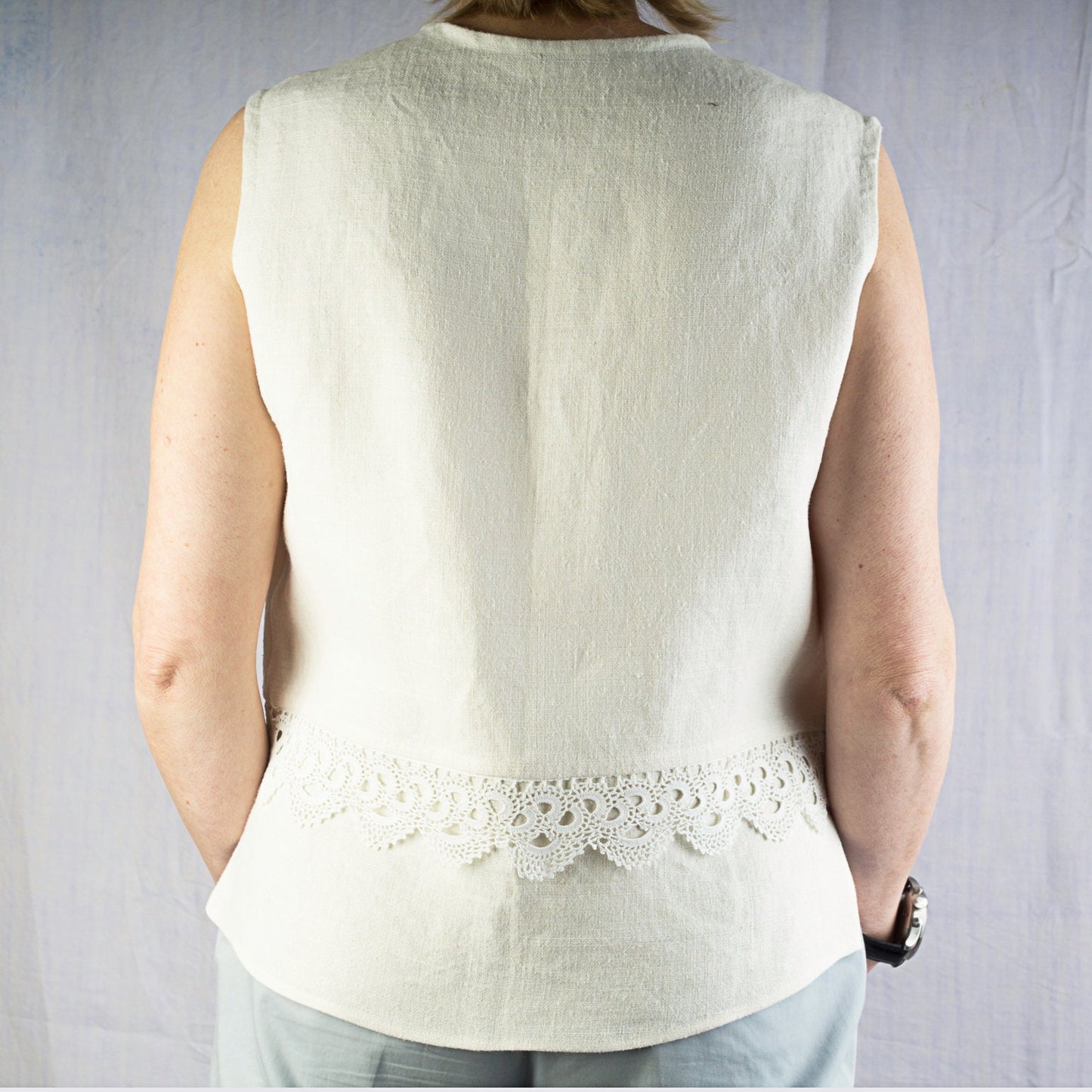 Vintage French Linen Sleeveless Top: Cream Lace Waistcoat
