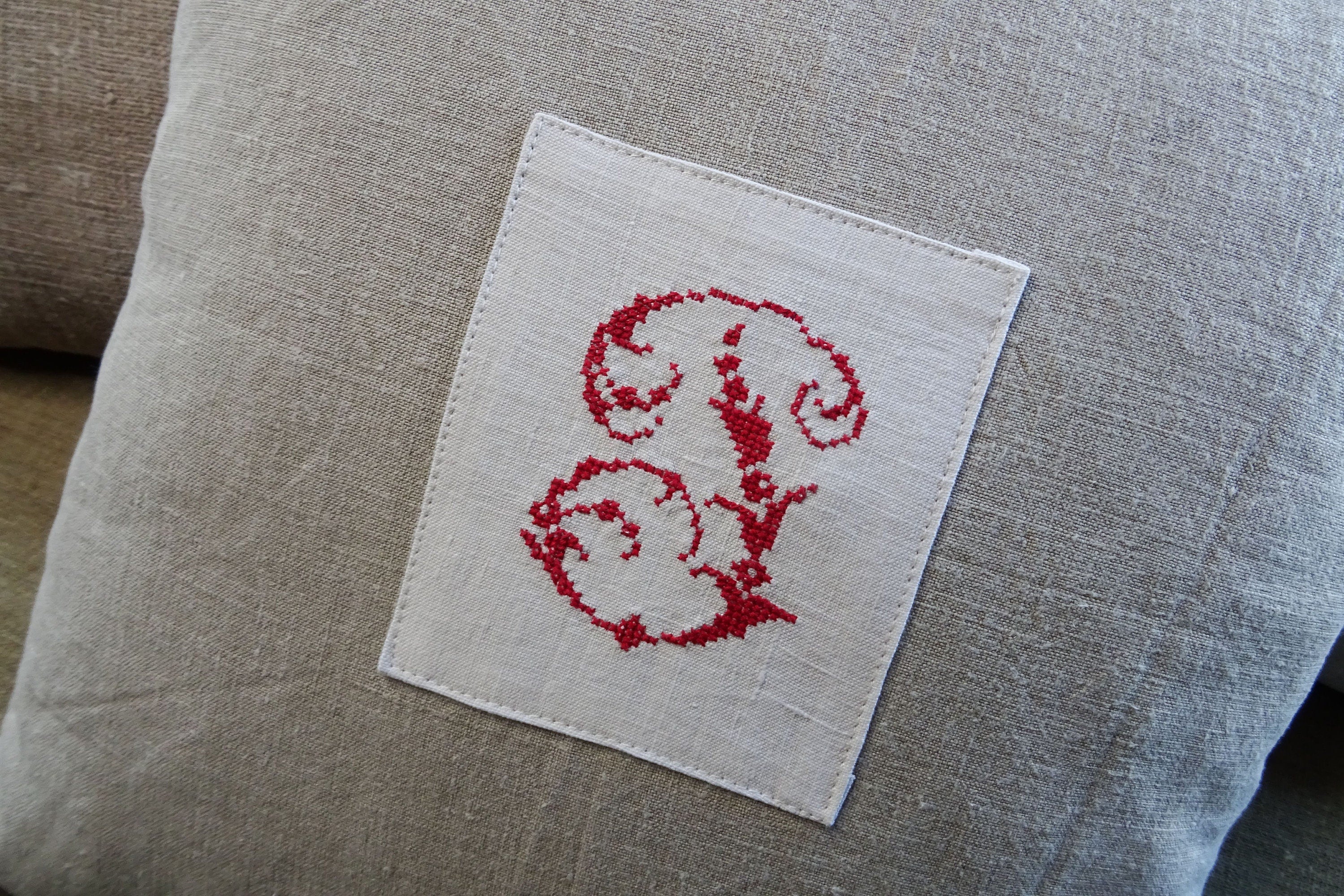 Antique hand stitched "J" monogram cushion made with antique French linen, throw pillow, gift