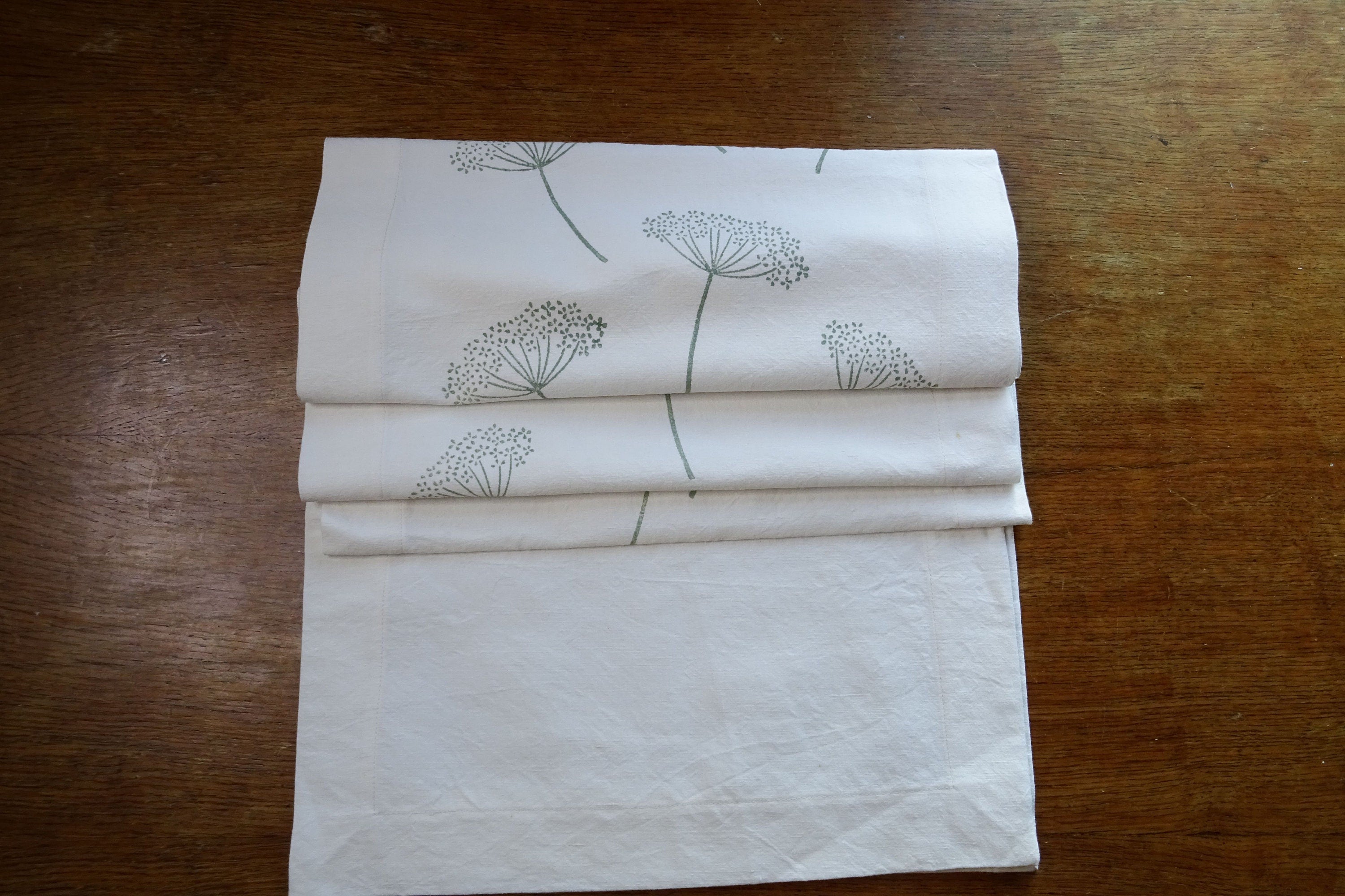 Extra long vintage French linen table runner, hand block printed seedhead design