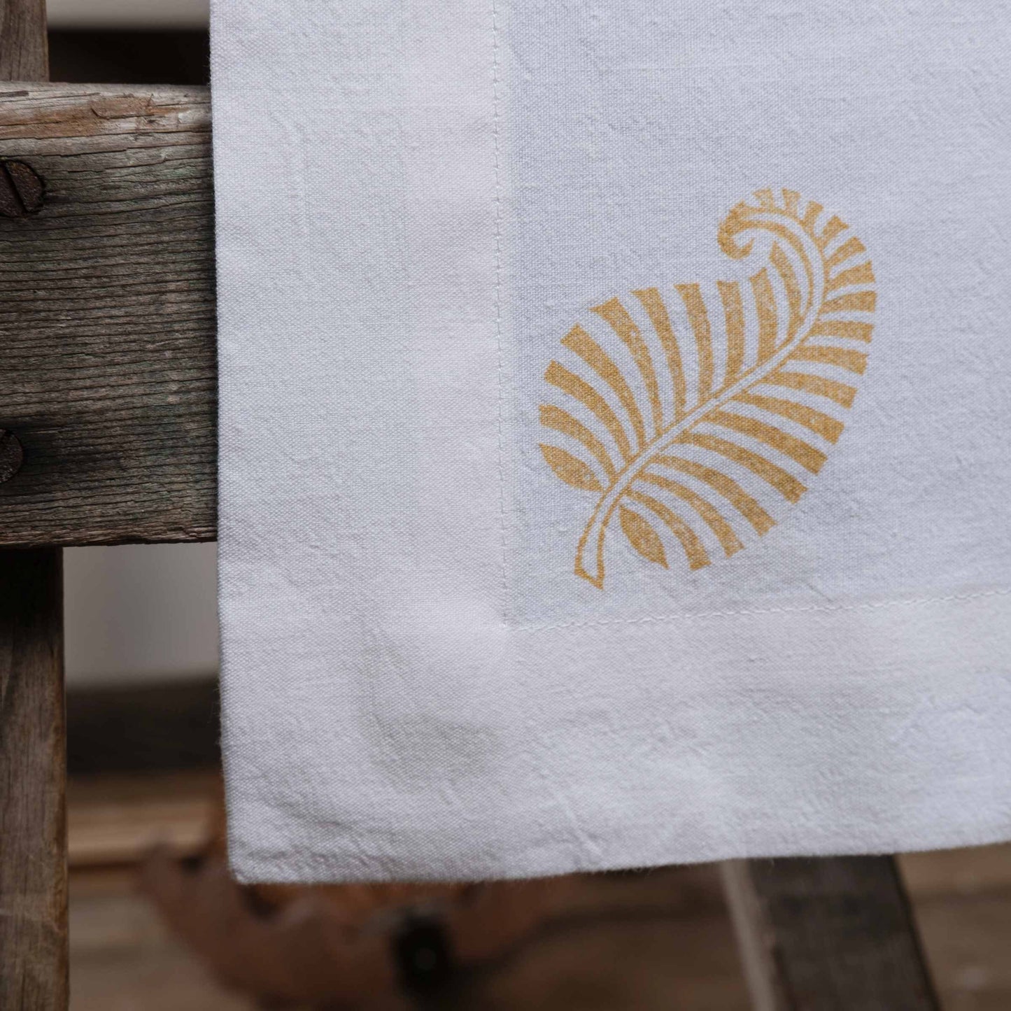 Vintage French linen table runner, hand block printed leaf design