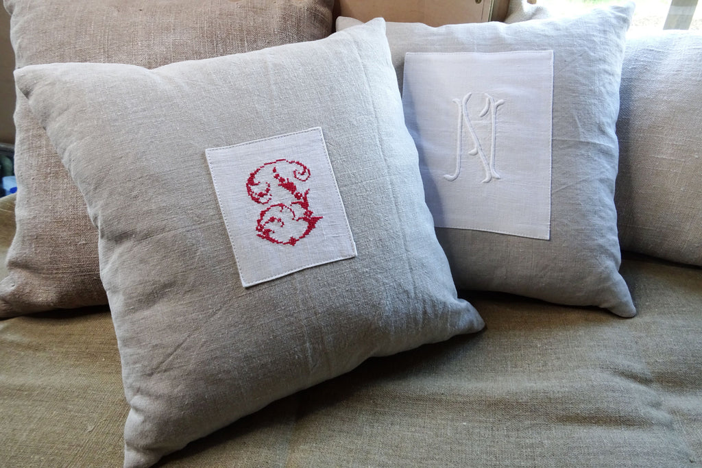 Antique hand stitched "J" monogram cushion made with antique French linen, throw pillow, gift