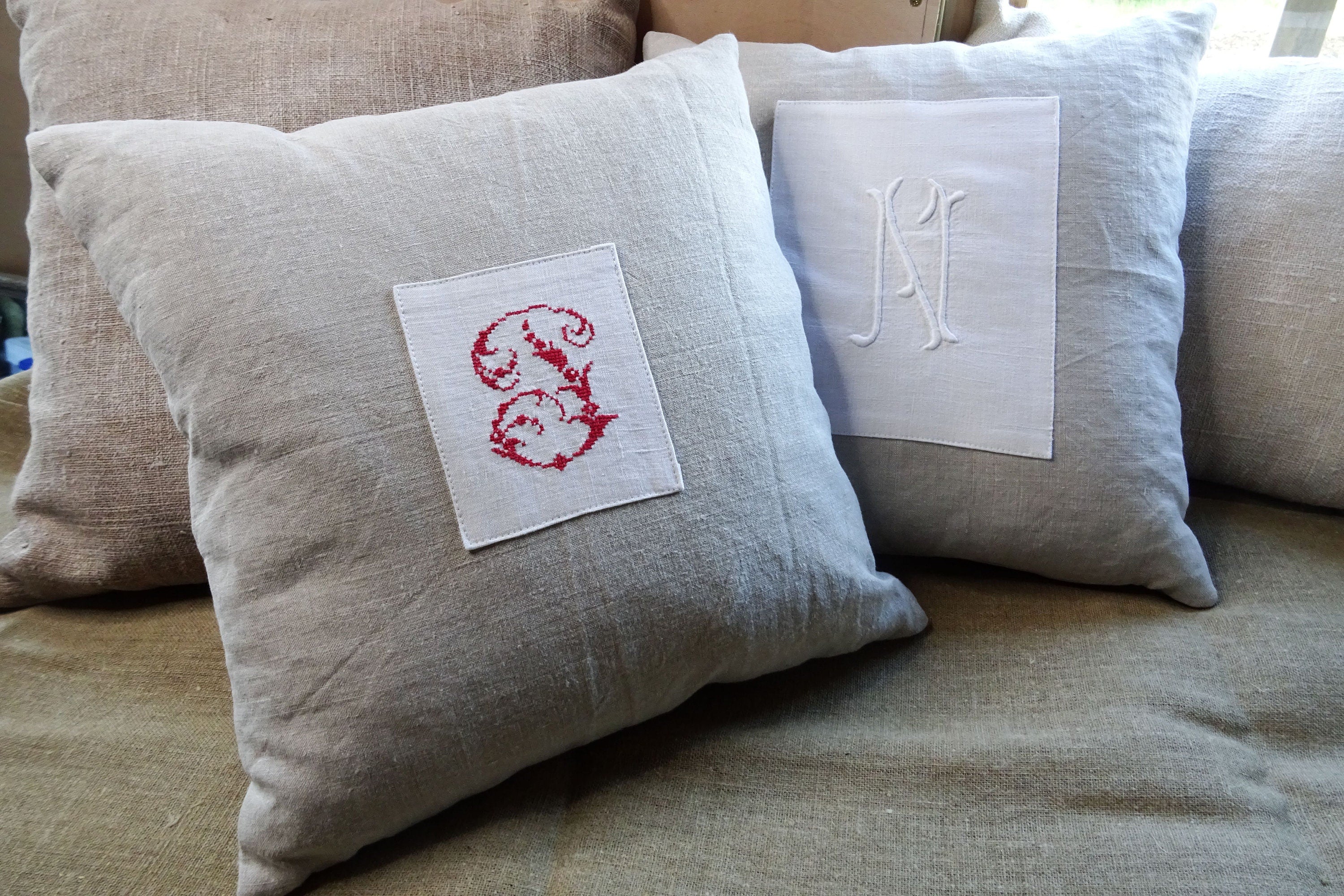 Antique hand stitched "J" monogram cushion made with antique French linen, throw pillow, gift