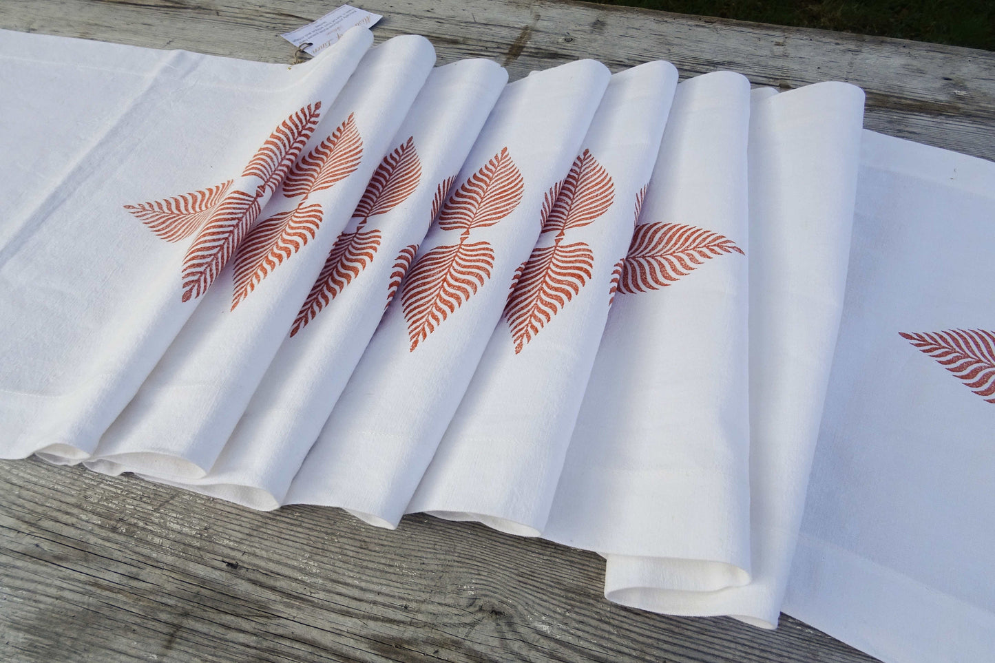 Long vintage French linen table runner, hand block printed leaf design
