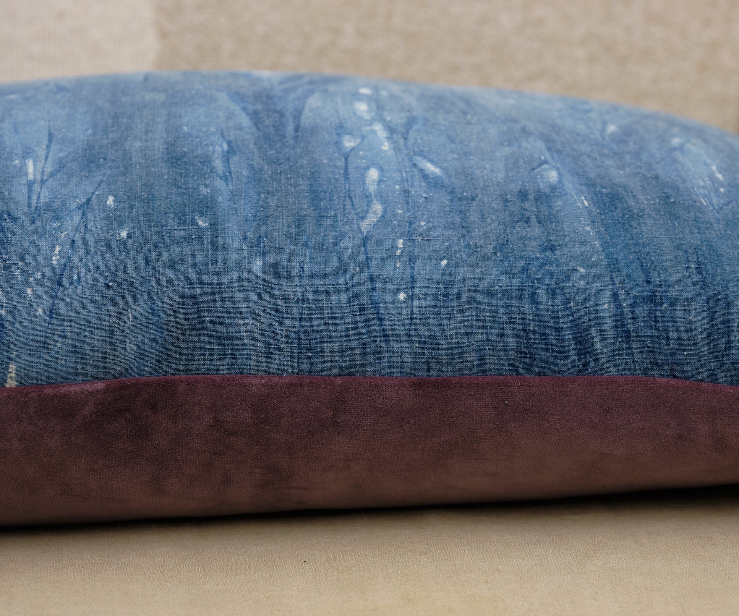 Indigo dyed antique French linen cushion cover, velvet back
