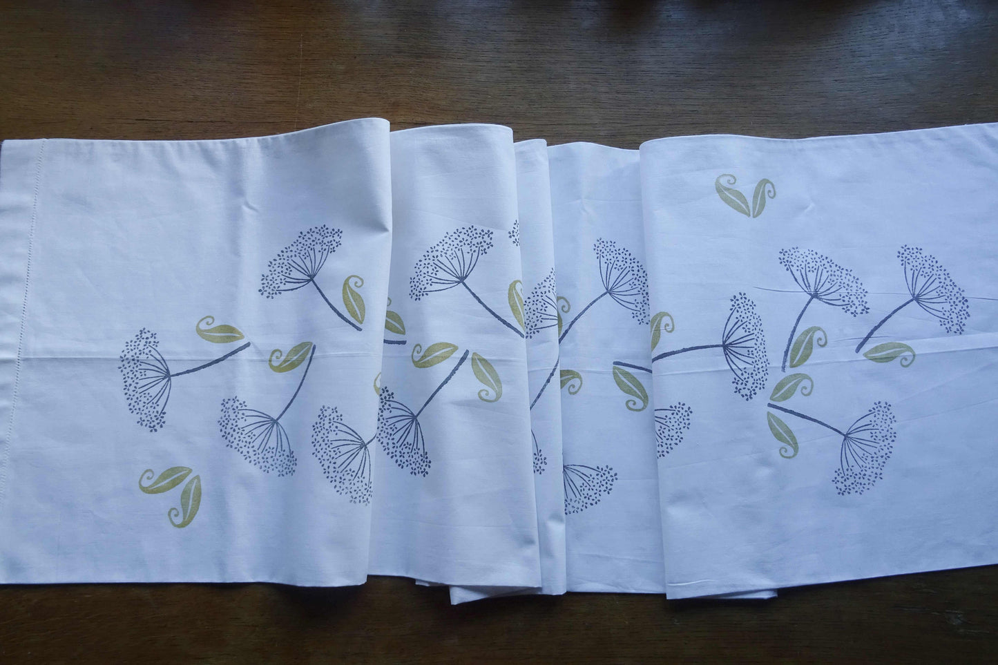 Vintage French linen table runner, hand block printed