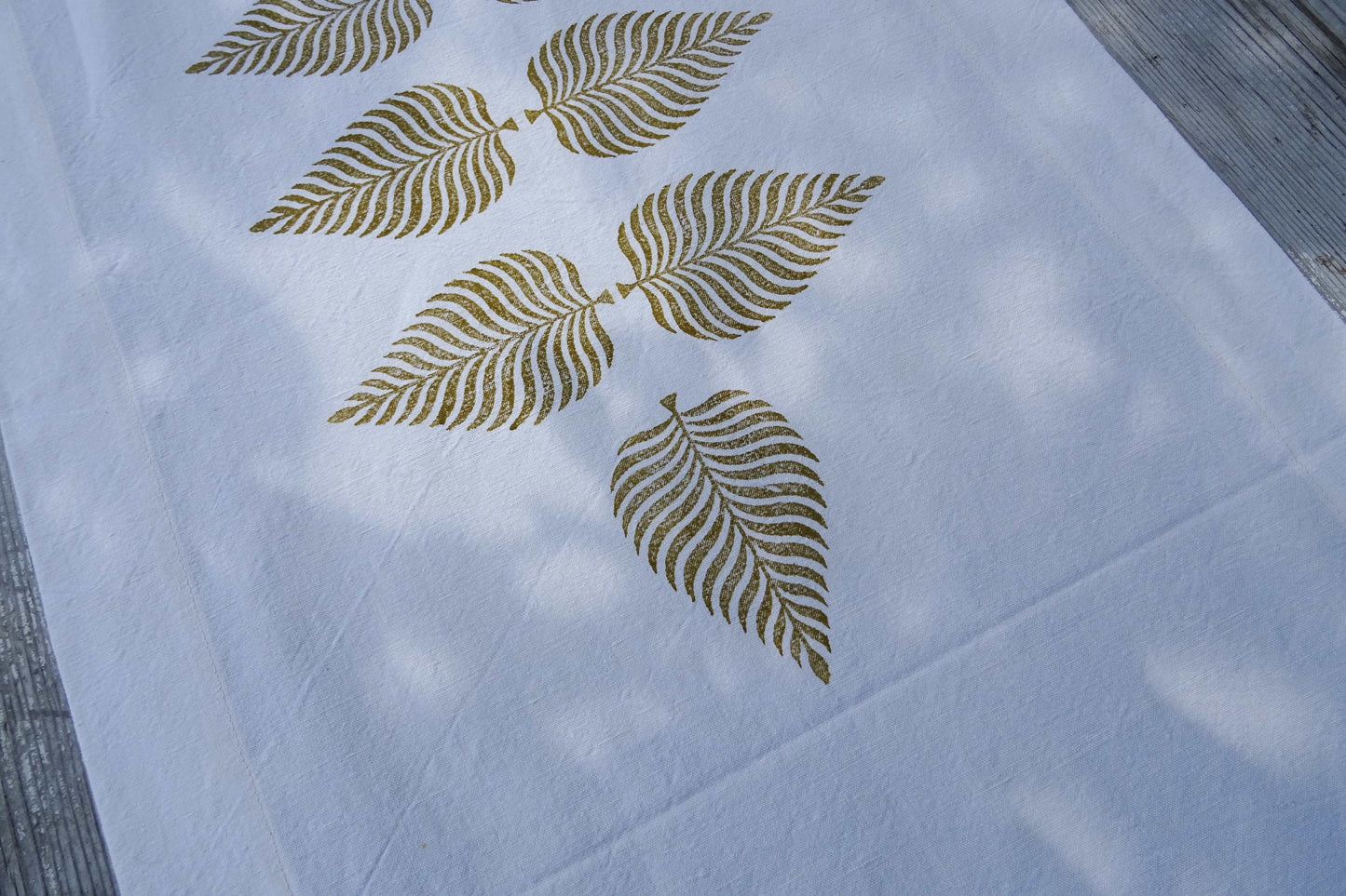 Long vintage French linen table runner, hand block printed fern leaf design