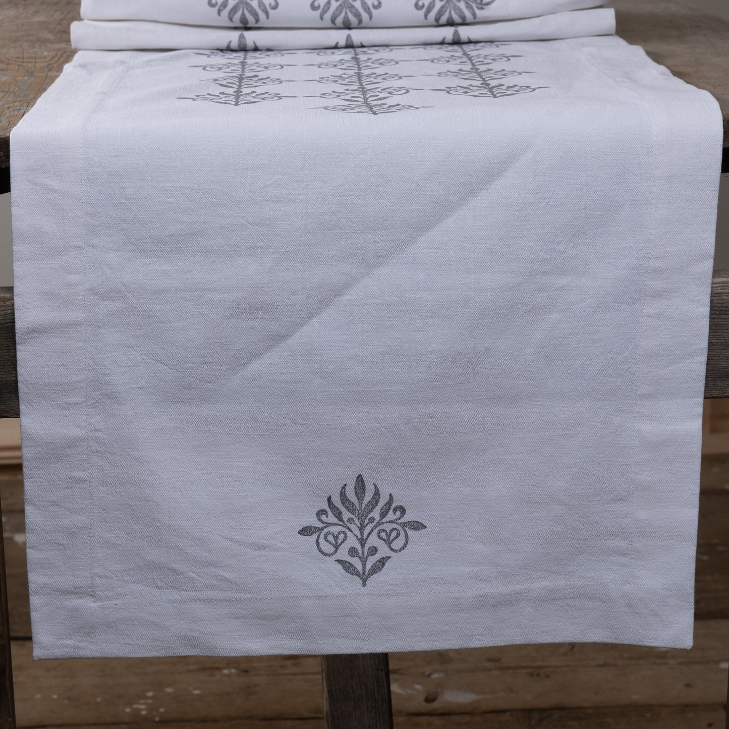 Vintage French linen table runner, hand block printed