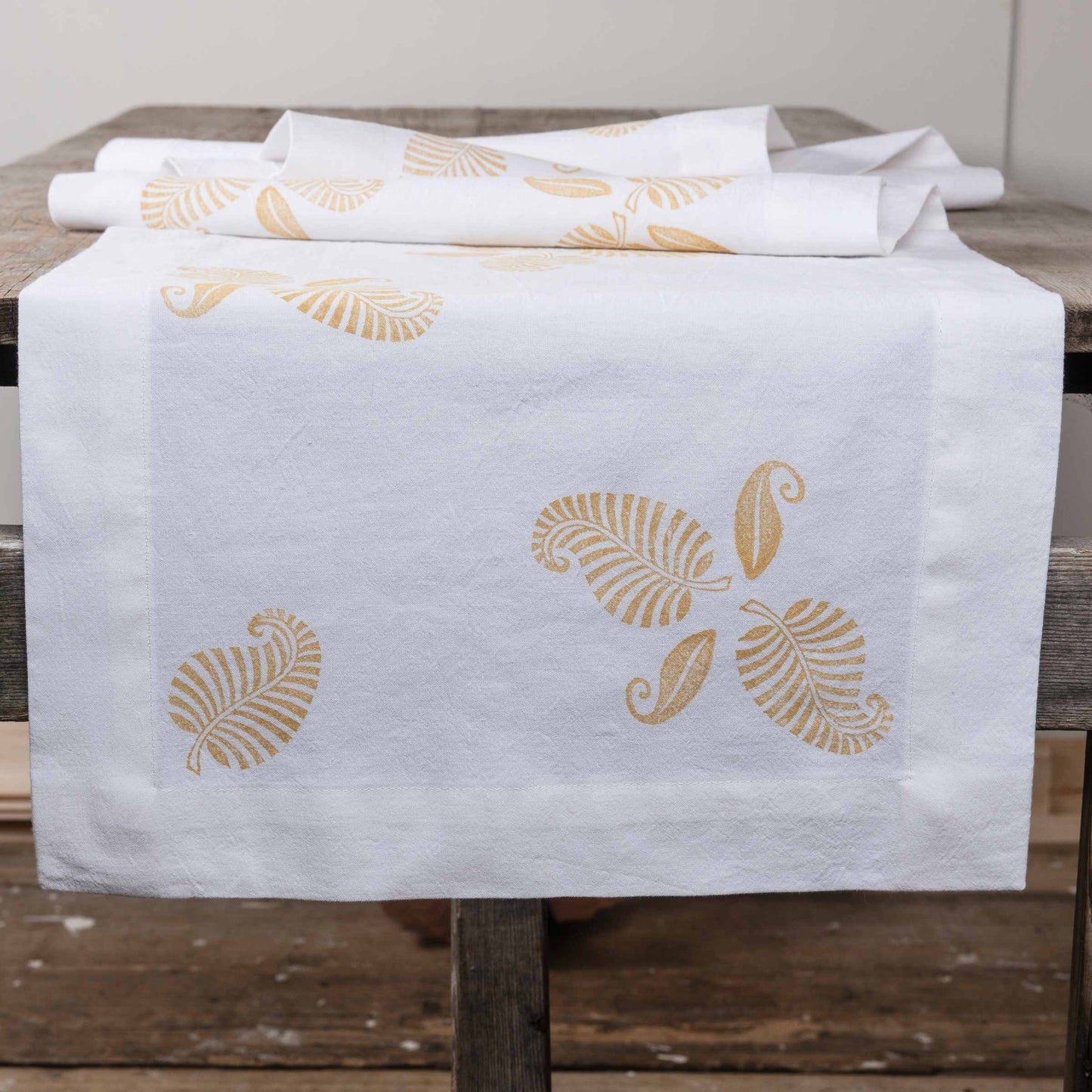 Vintage French linen table runner, hand block printed leaf design