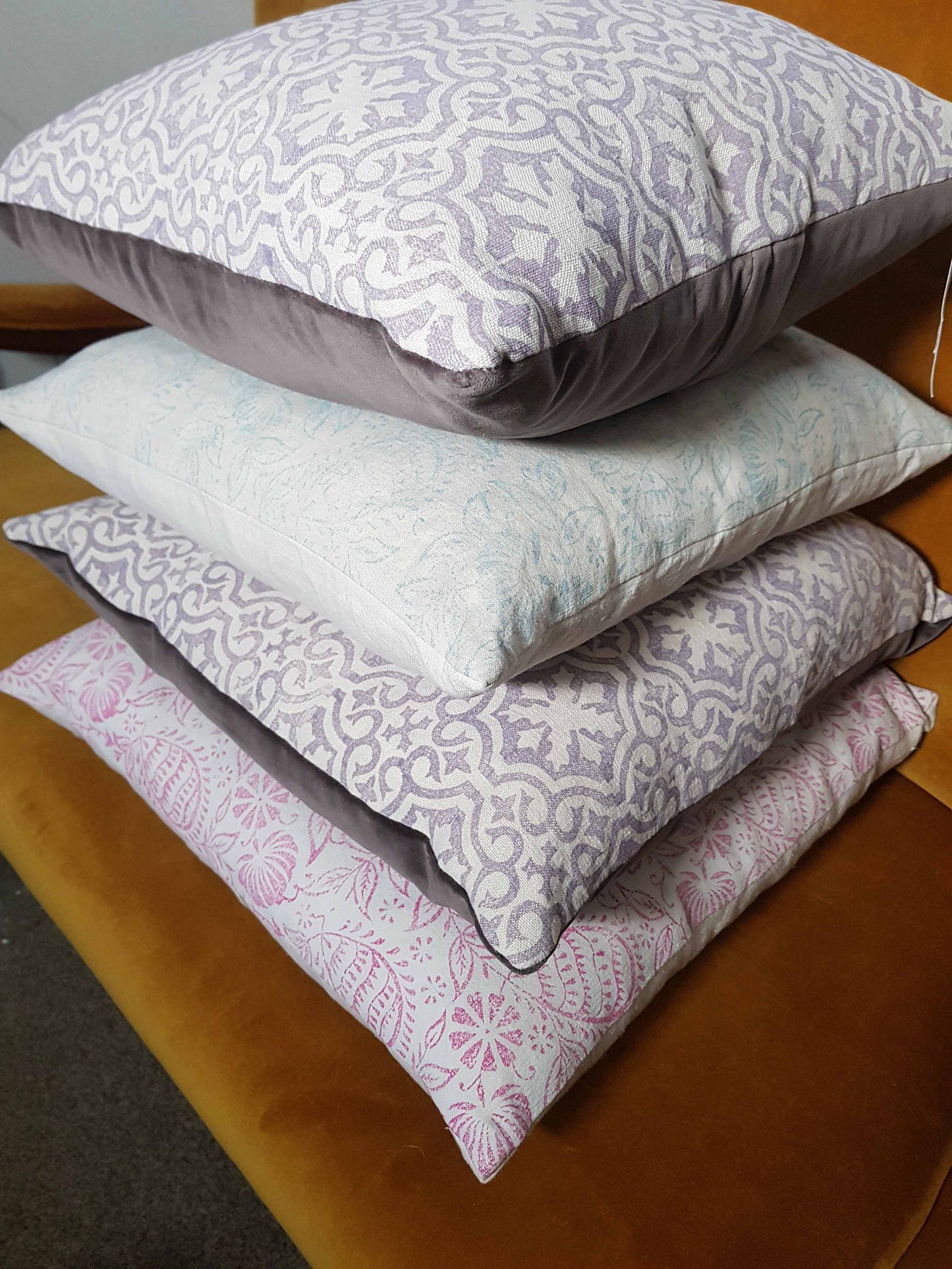 Hand printed antique French linen cushion cover, velvet back - large