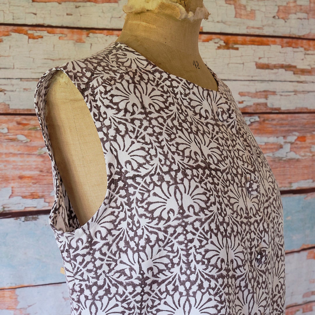 Sleeveless blouse, hand block printed antique French linen, waistcoat, top, jacket, shirt, summer