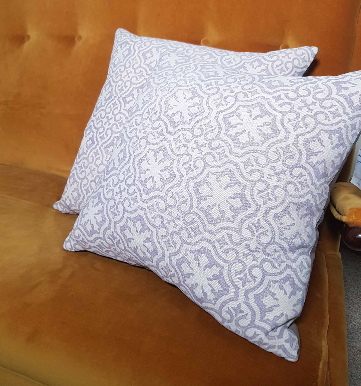 Hand printed antique French linen cushion cover, velvet back - large