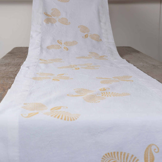 Vintage French linen table runner, hand block printed leaf design