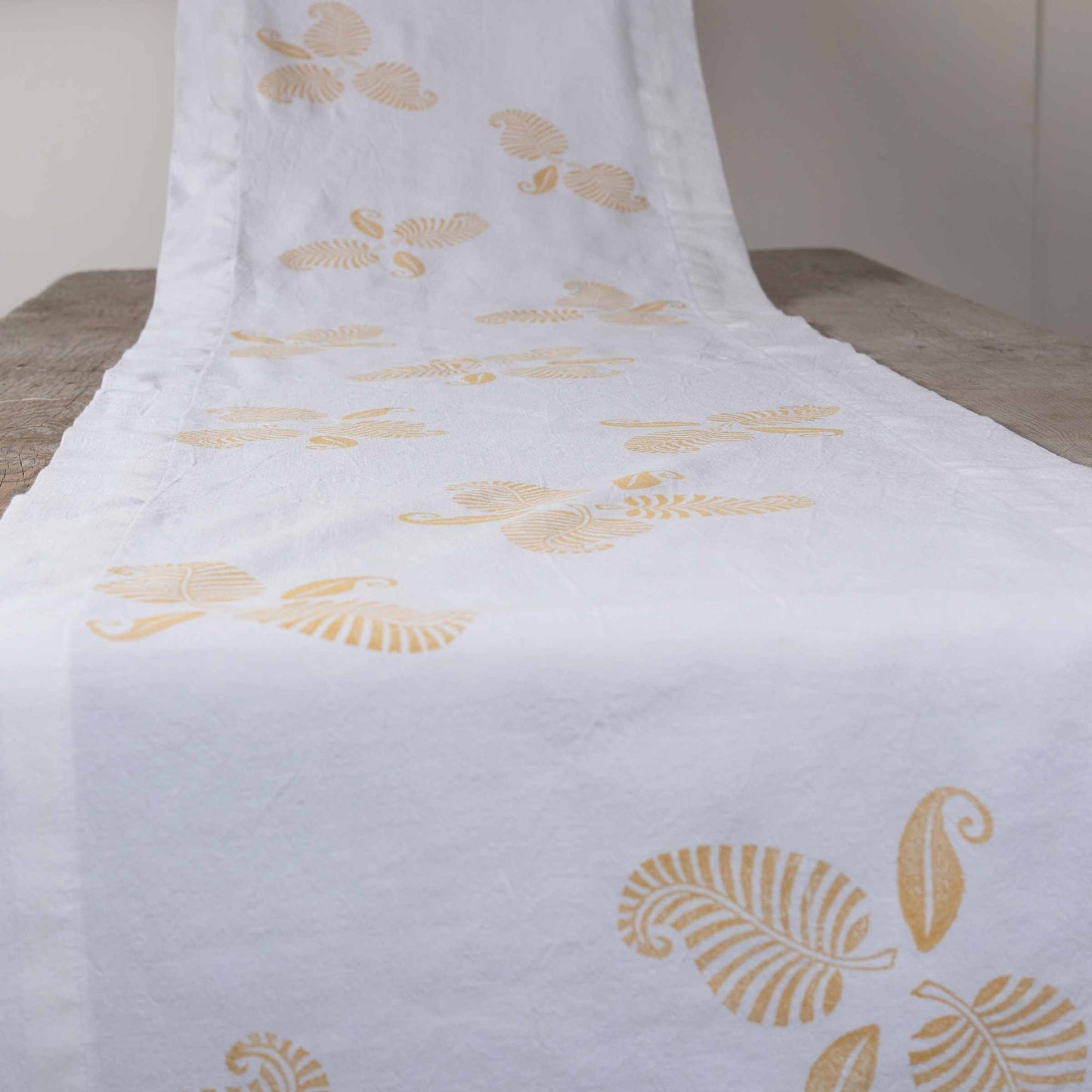 Vintage French linen table runner, hand block printed leaf design