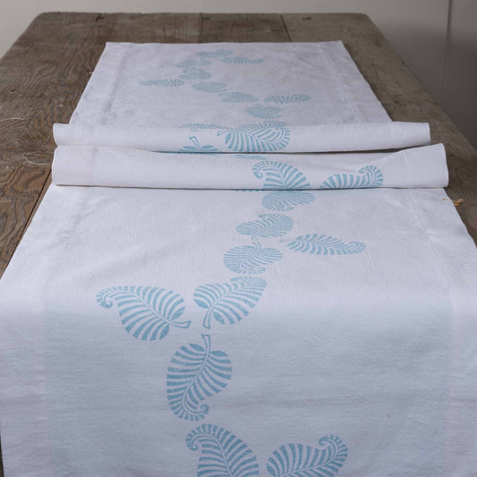 Vintage French linen table runner, hand block printed leaf design