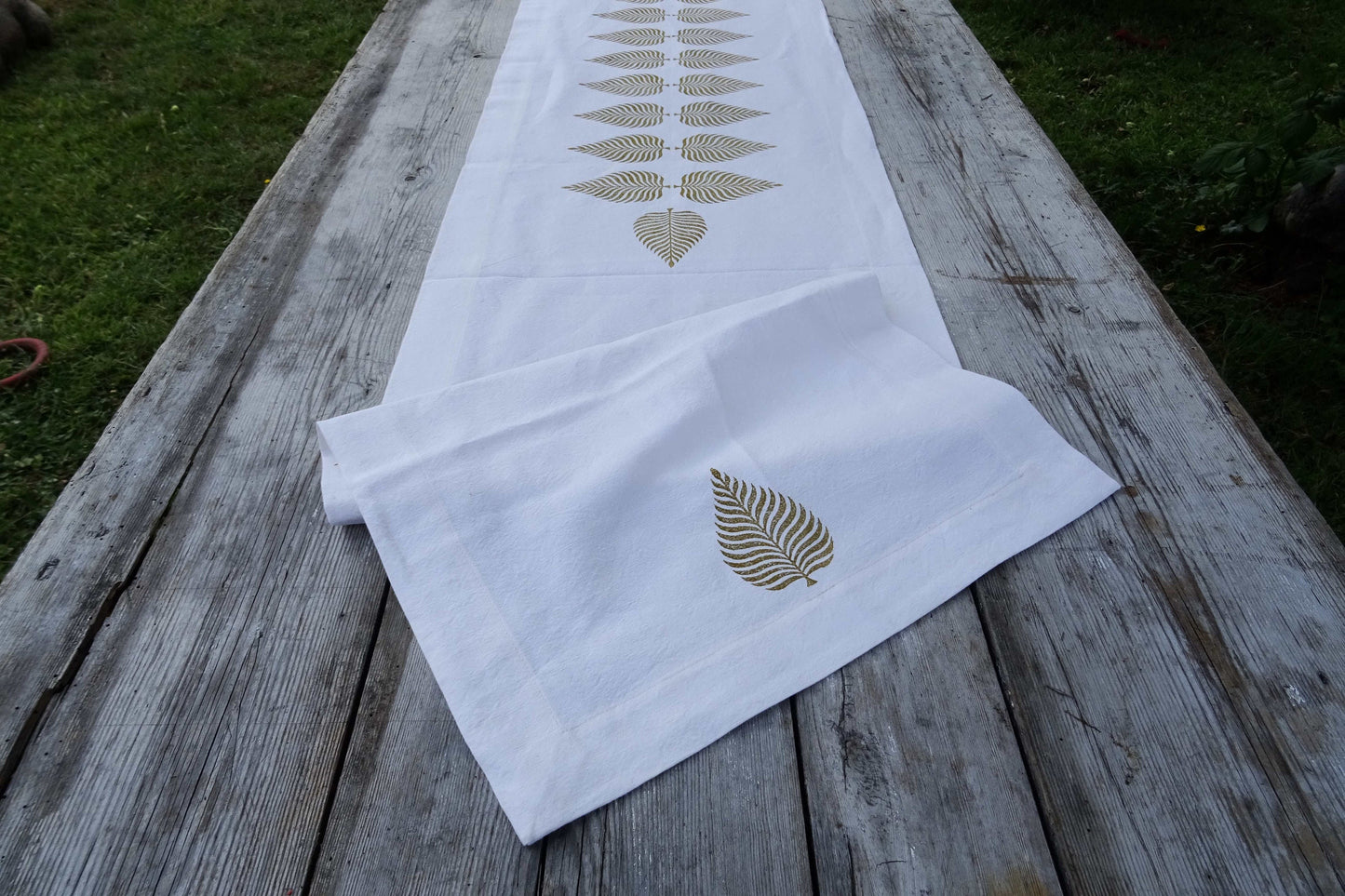 Long vintage French linen table runner, hand block printed fern leaf design