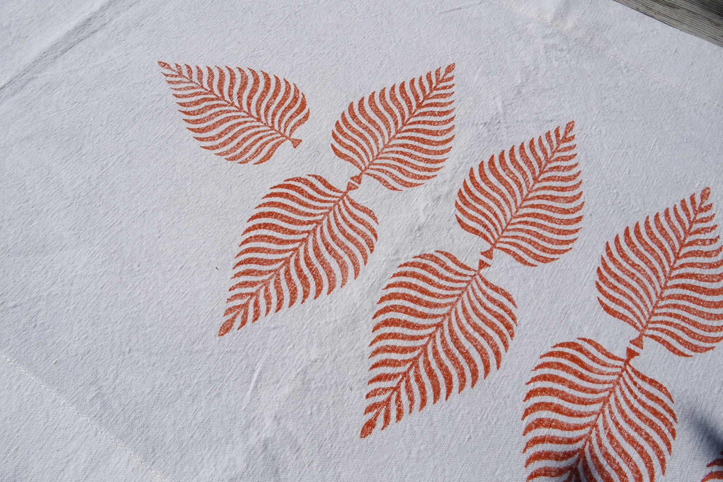 Long vintage French linen table runner, hand block printed leaf design