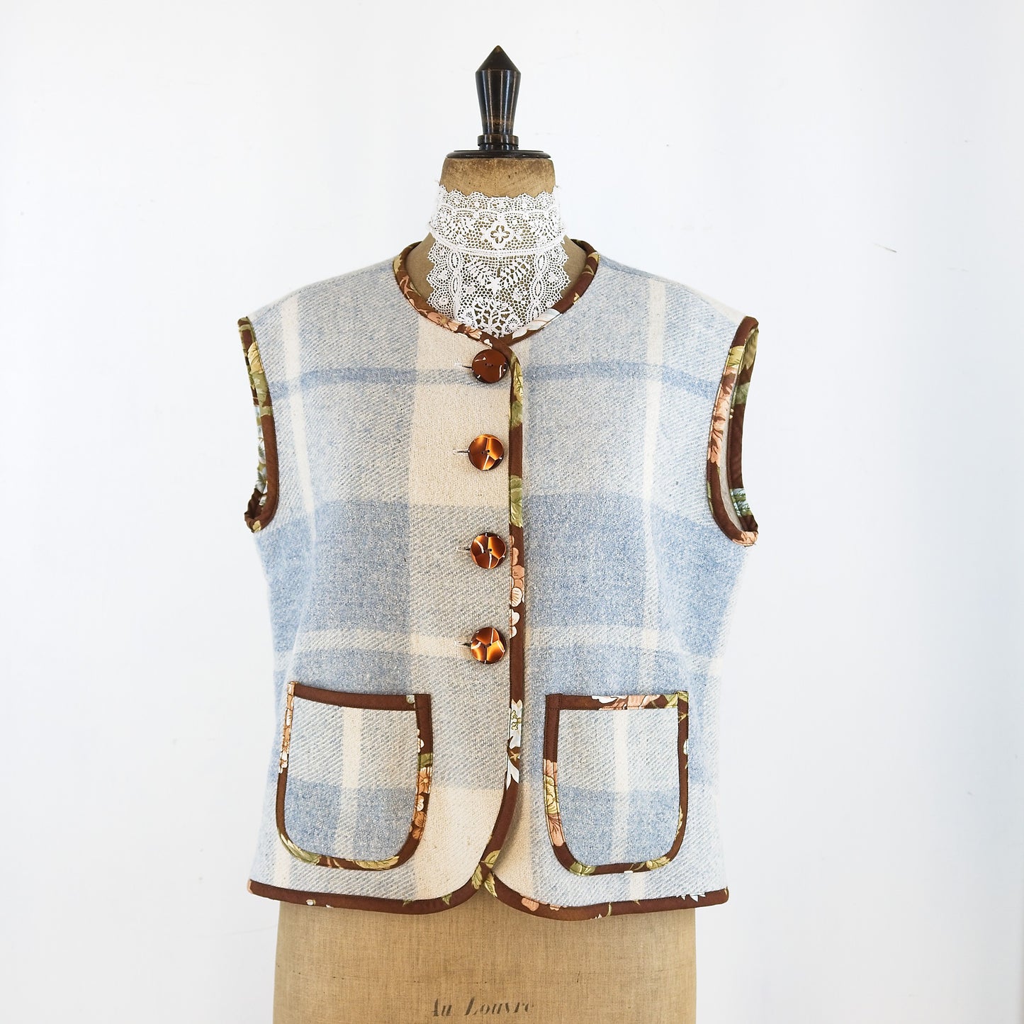 Sleeveless gilet; vintage French wool blanket and Sanderson chintz