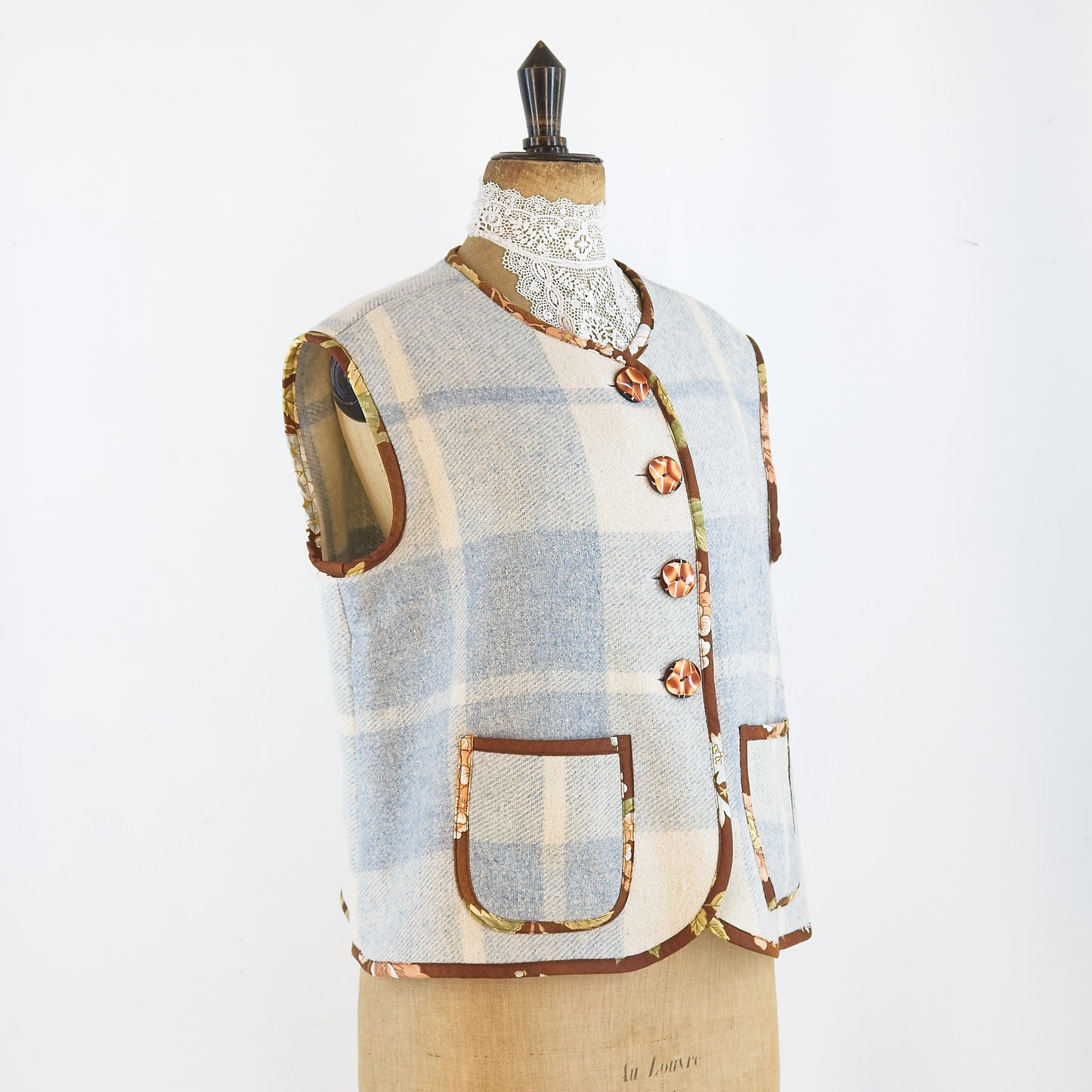 Sleeveless gilet; vintage French wool blanket and Sanderson chintz