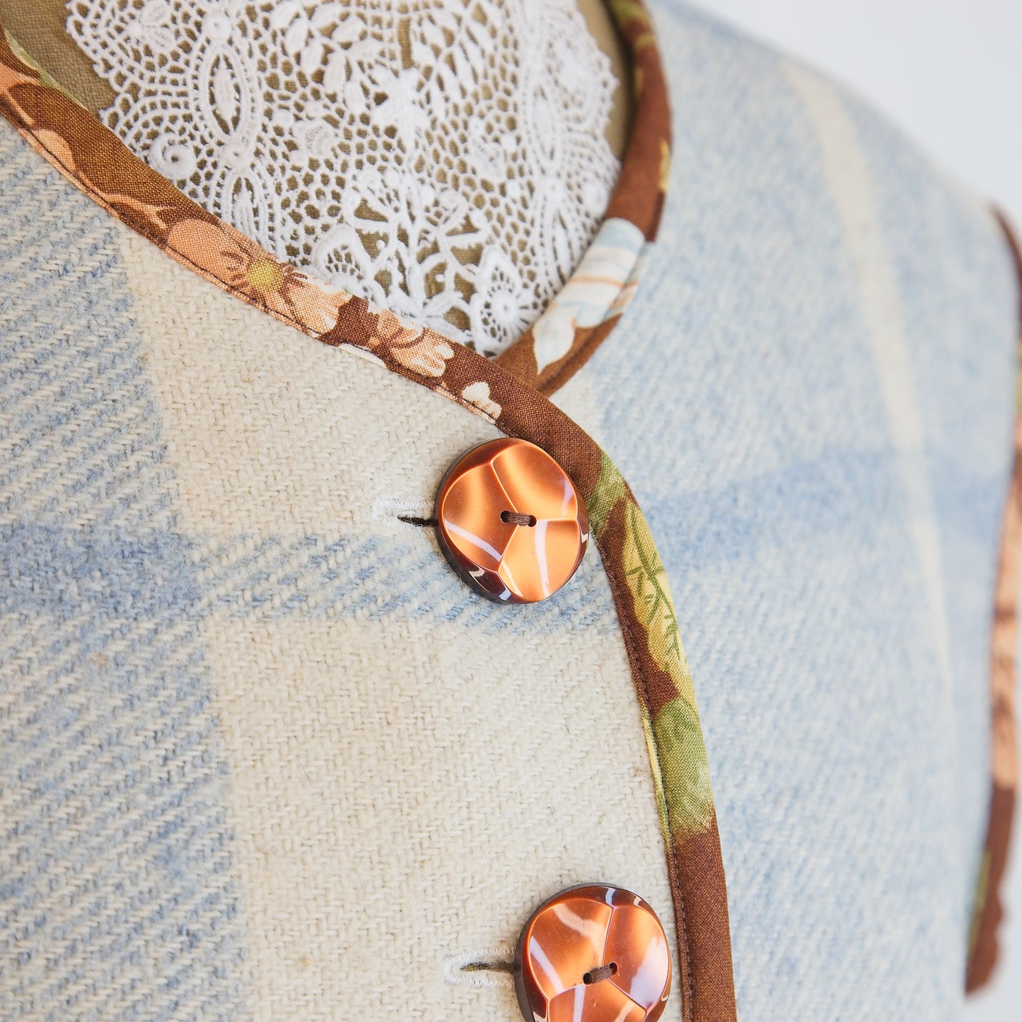 Sleeveless gilet; vintage French wool blanket and Sanderson chintz