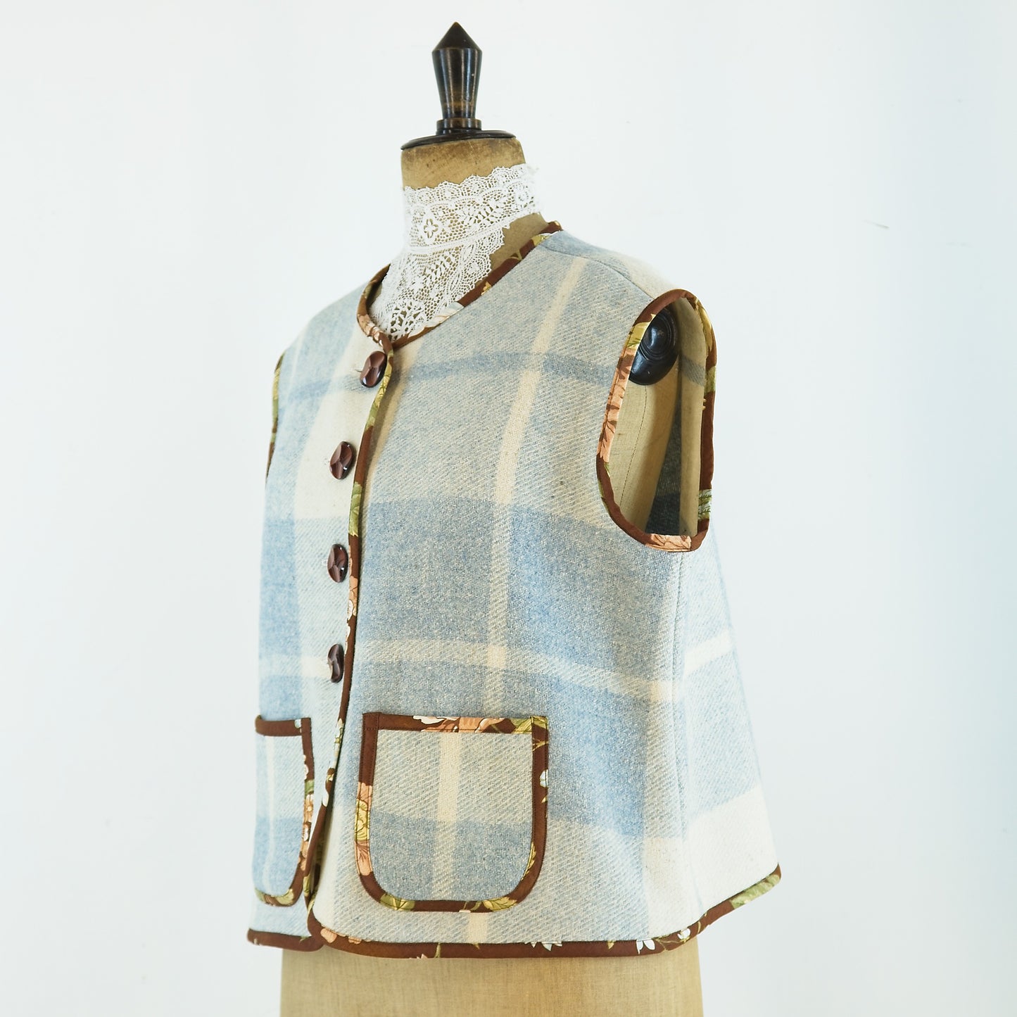 Sleeveless gilet; vintage French wool blanket and Sanderson chintz