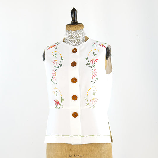 Vintage Linen Sleeveless Top, hand stitched floral decoration