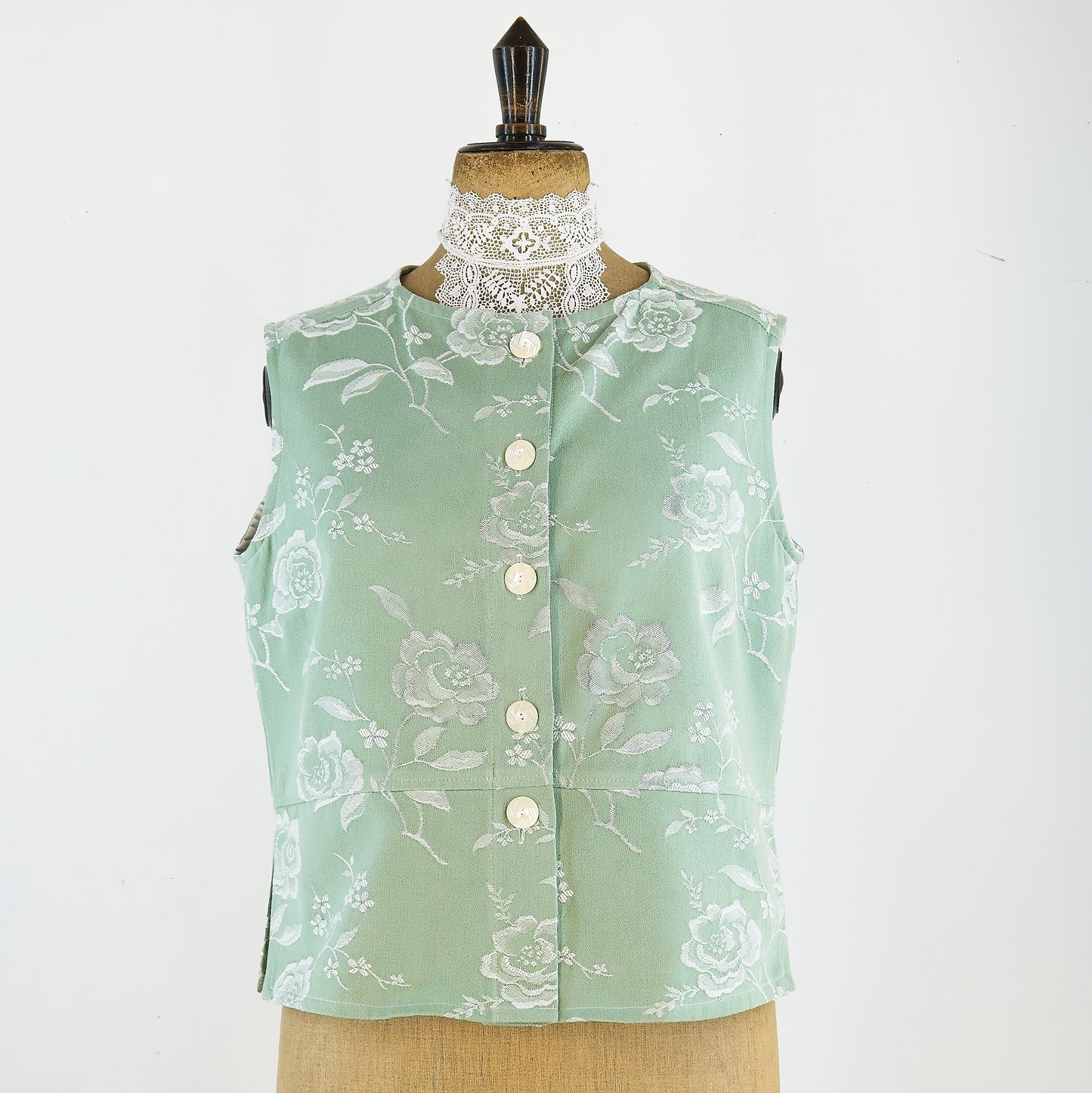 Sleeveless top in vintage French cotton damask, waistcoat, blouse, jacket, shirt, summer