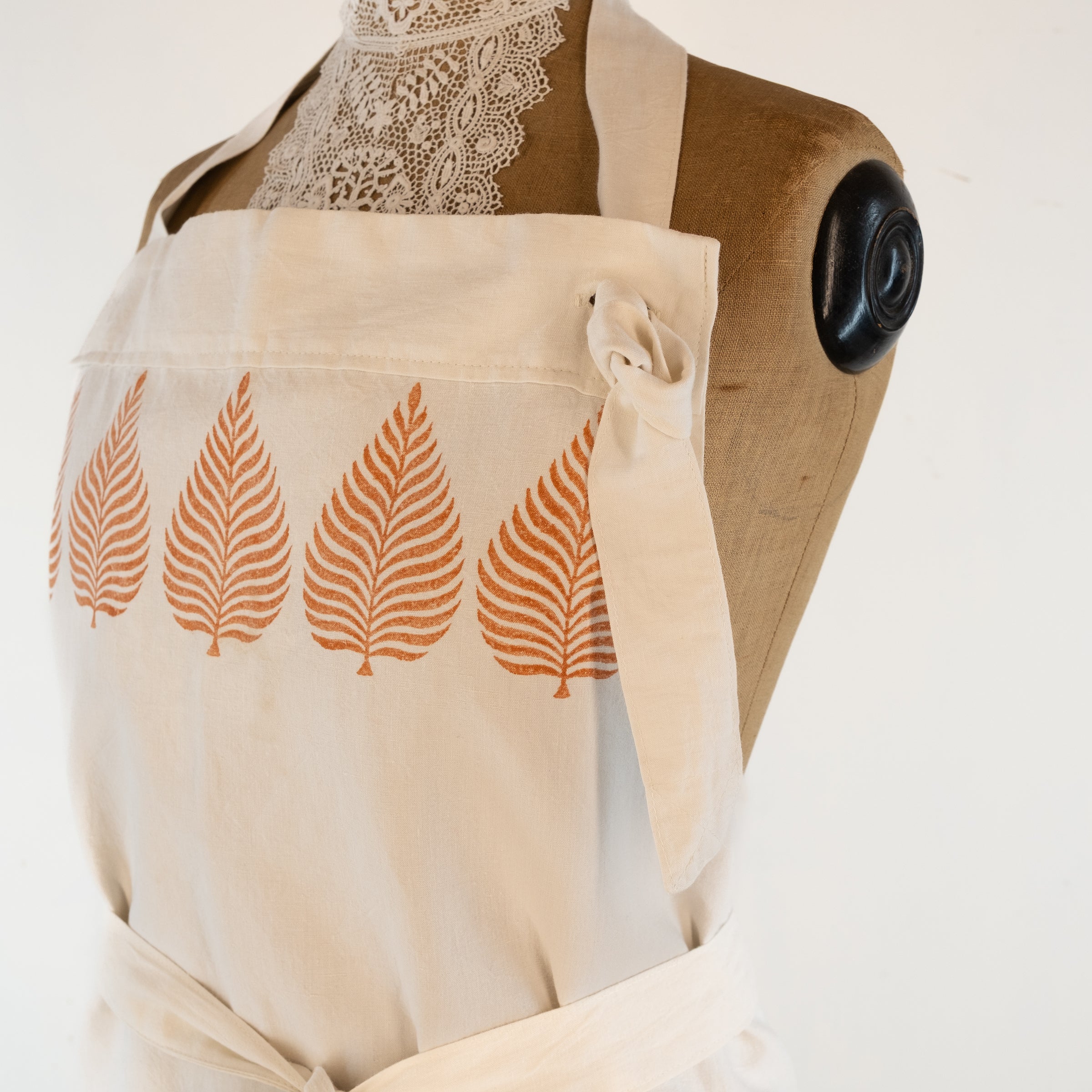 Large Leaf printed cook's apron, dyed vintage French linen - baking, cooking, gardening, chef's, gift, unisex, barbecue