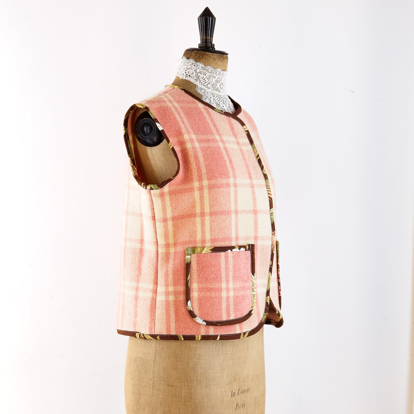 Sleeveless gilet; vintage French wool blanket and Sanderson chintz