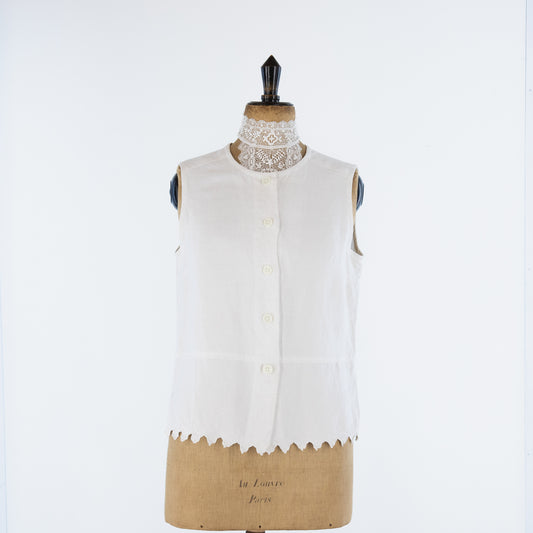 Antique Linen Sleeveless Top, hand stitched scalloped edging