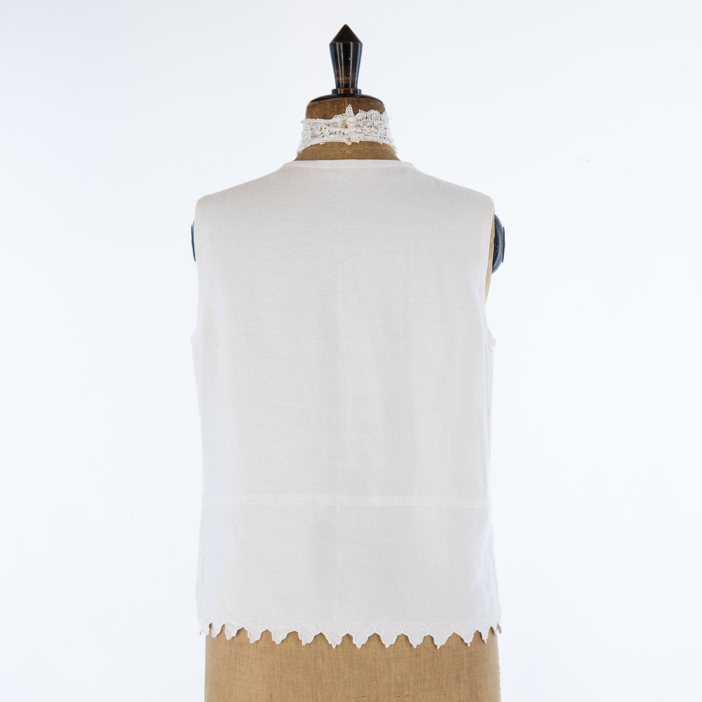 Antique Linen Sleeveless Top, hand stitched scalloped edging