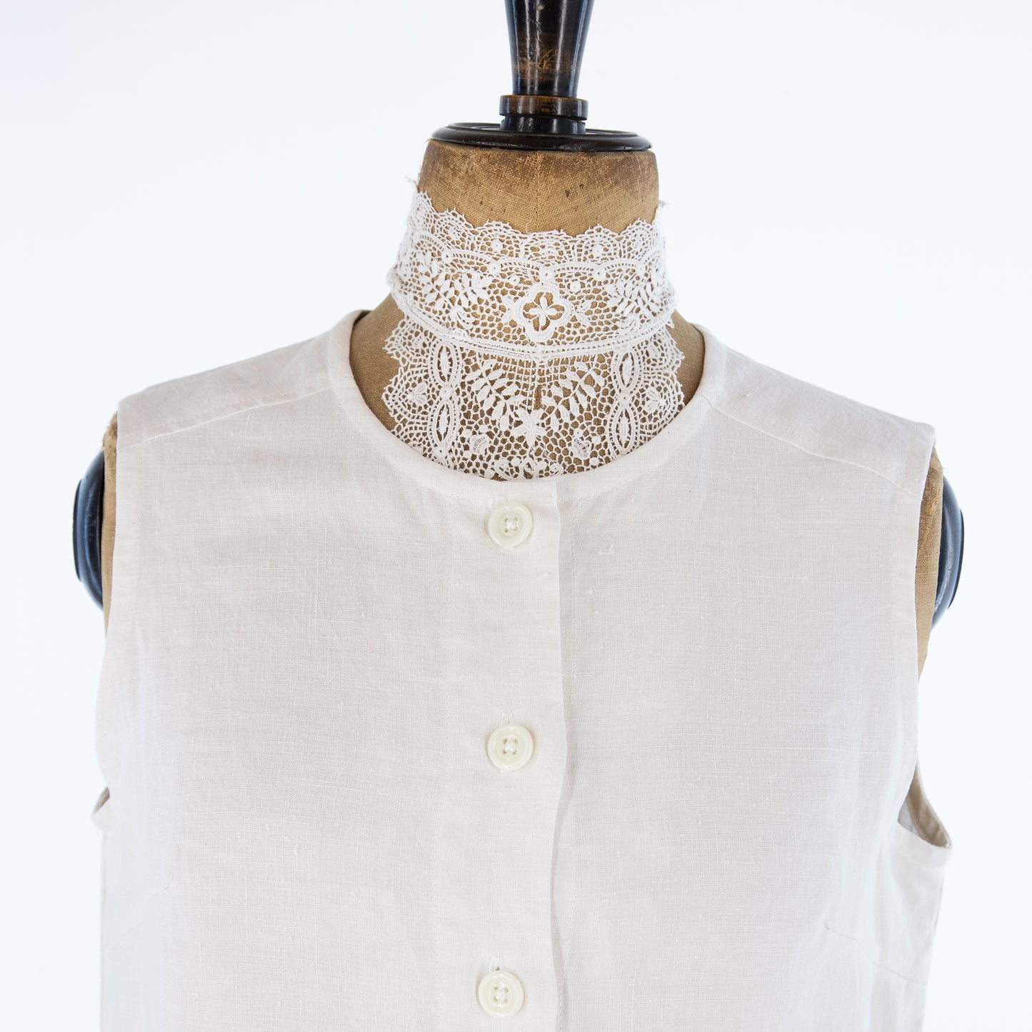 Antique Linen Sleeveless Top, hand stitched scalloped edging