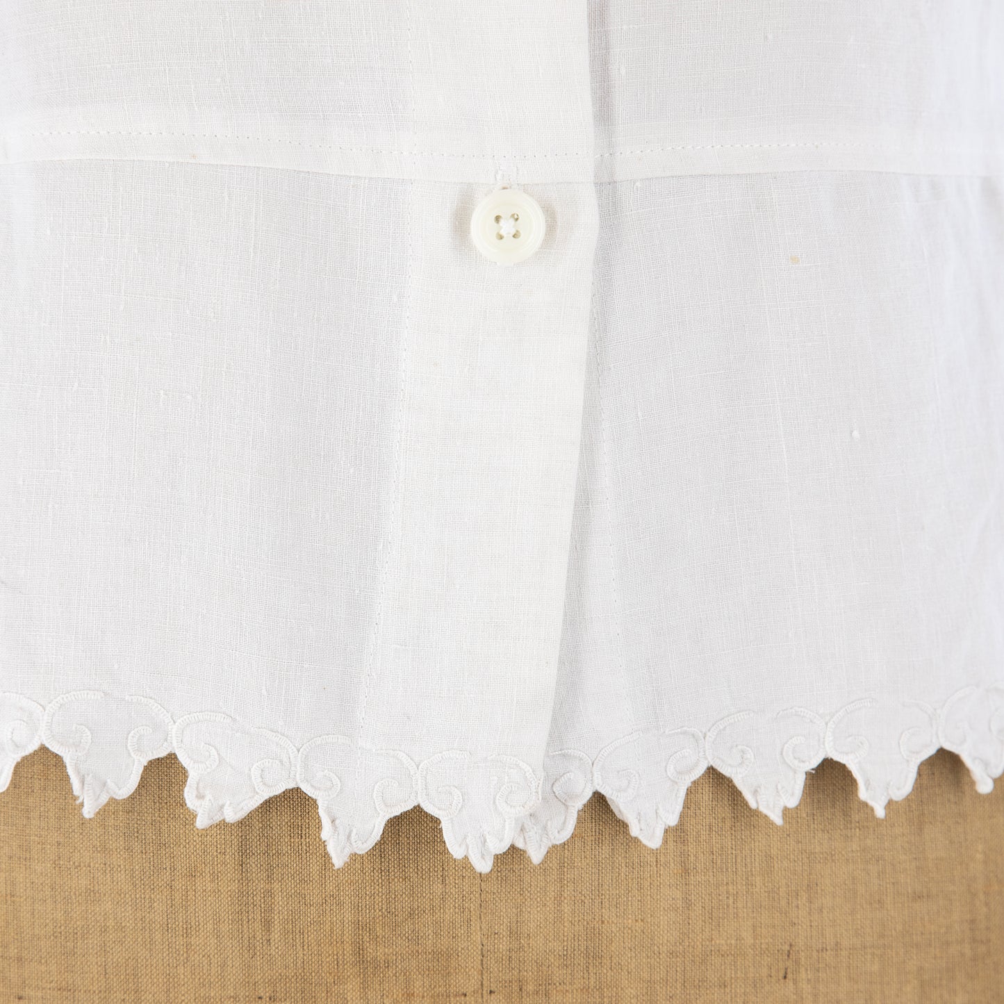 Antique Linen Sleeveless Top, hand stitched scalloped edging