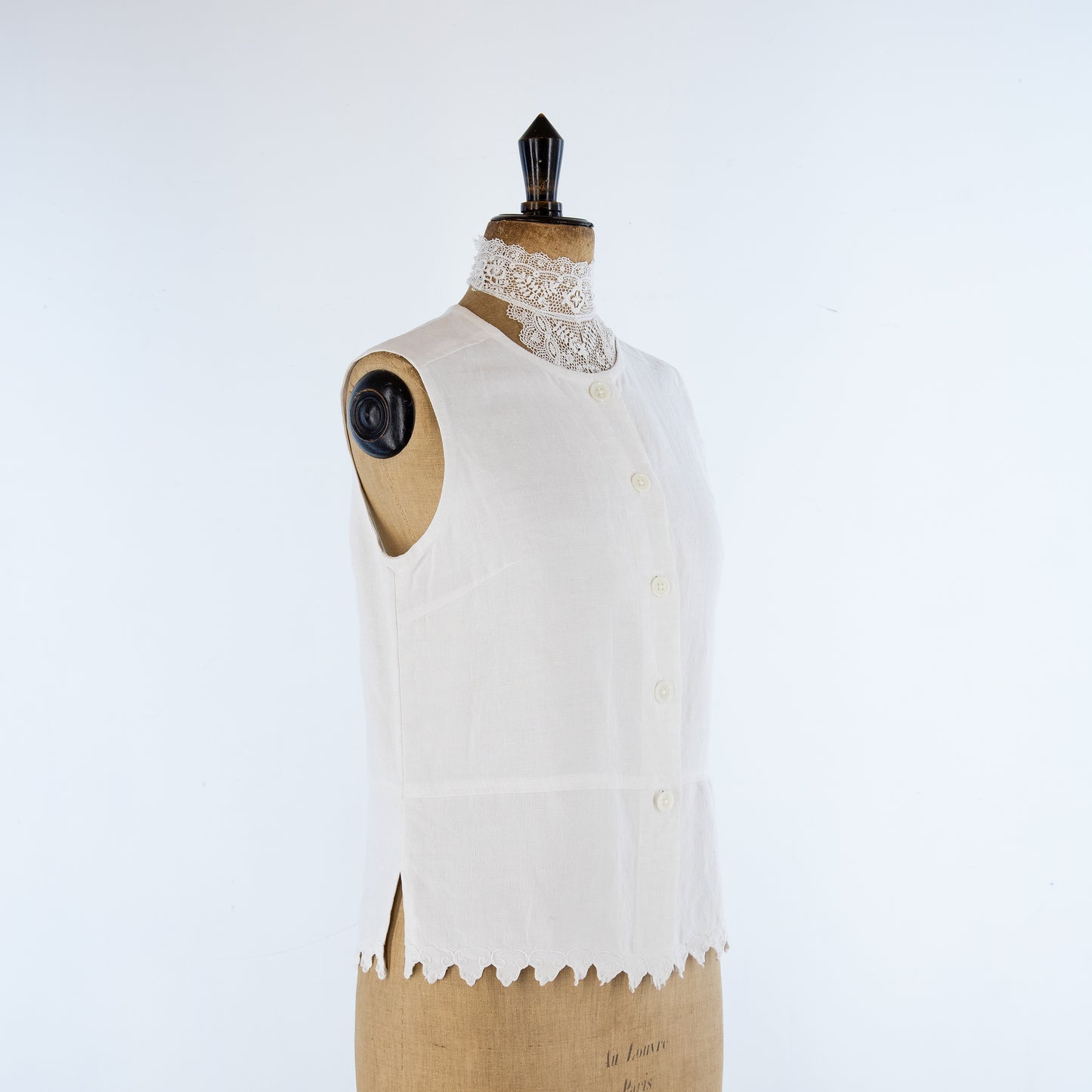 Antique Linen Sleeveless Top, hand stitched scalloped edging