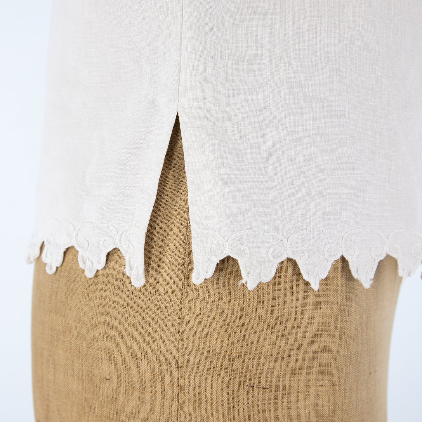 Antique Linen Sleeveless Top, hand stitched scalloped edging