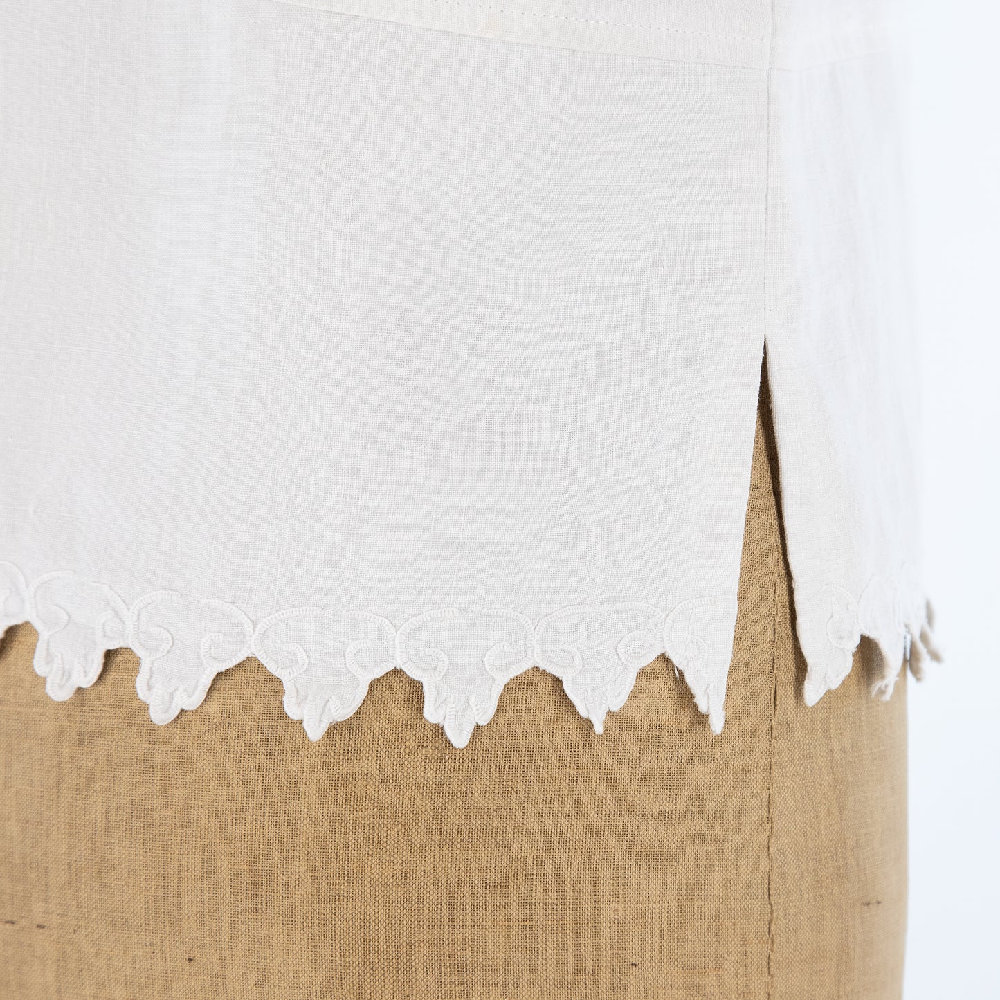 Antique Linen Sleeveless Top, hand stitched scalloped edging