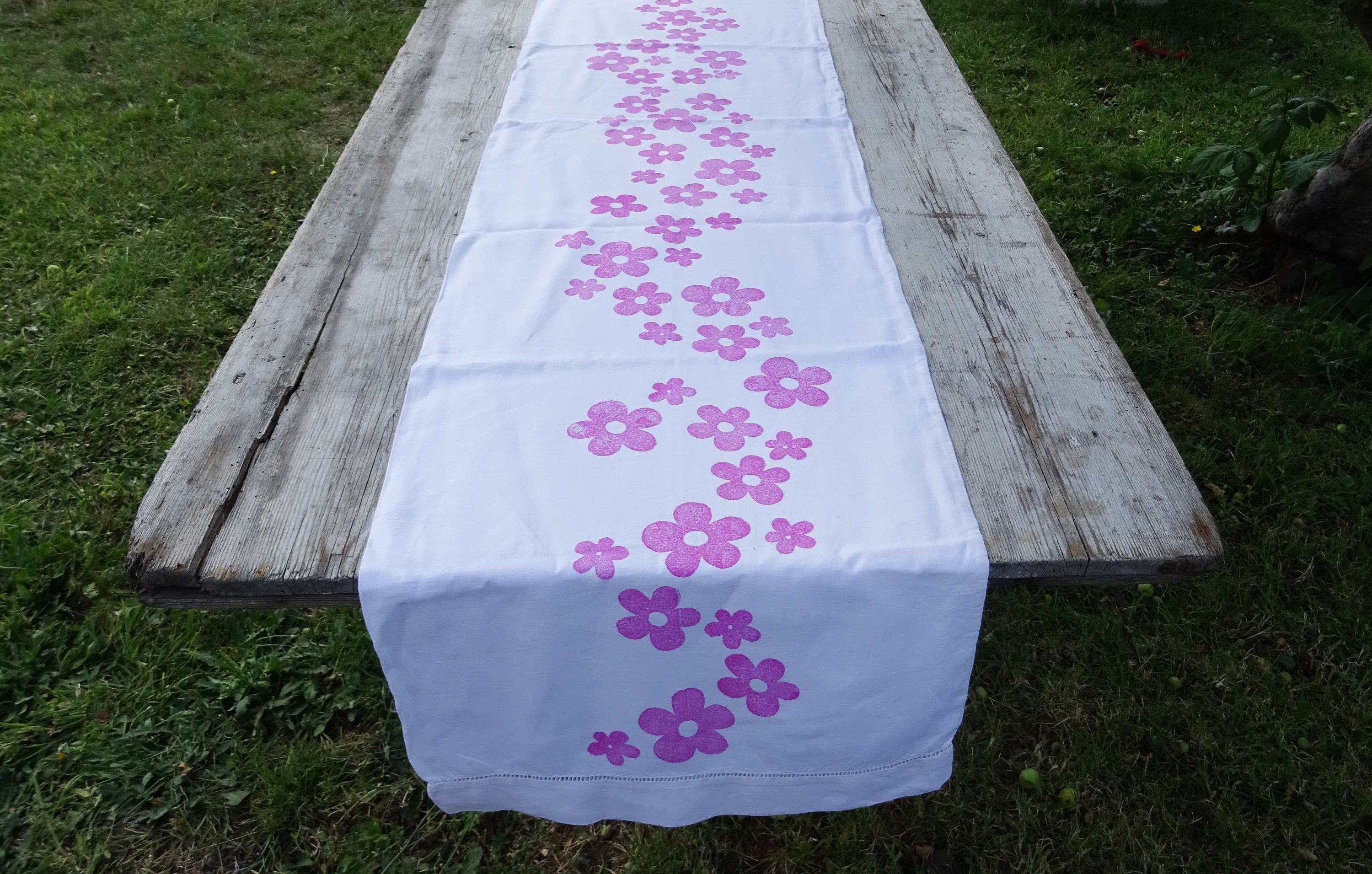 Extra long vintage French linen table runner, hand block printed