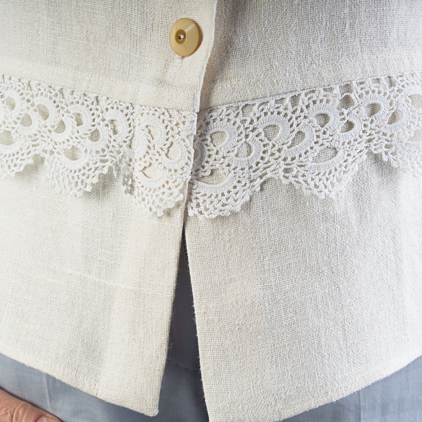 Vintage French Linen Sleeveless Top: Cream Lace Waistcoat