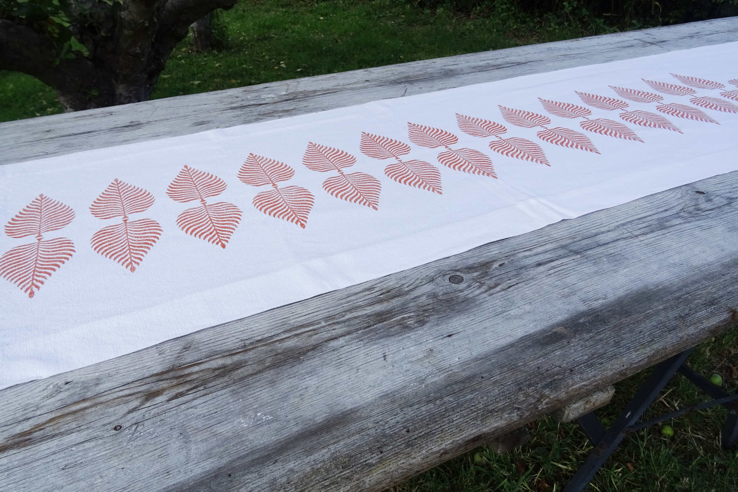 Long vintage French linen table runner, hand block printed leaf design