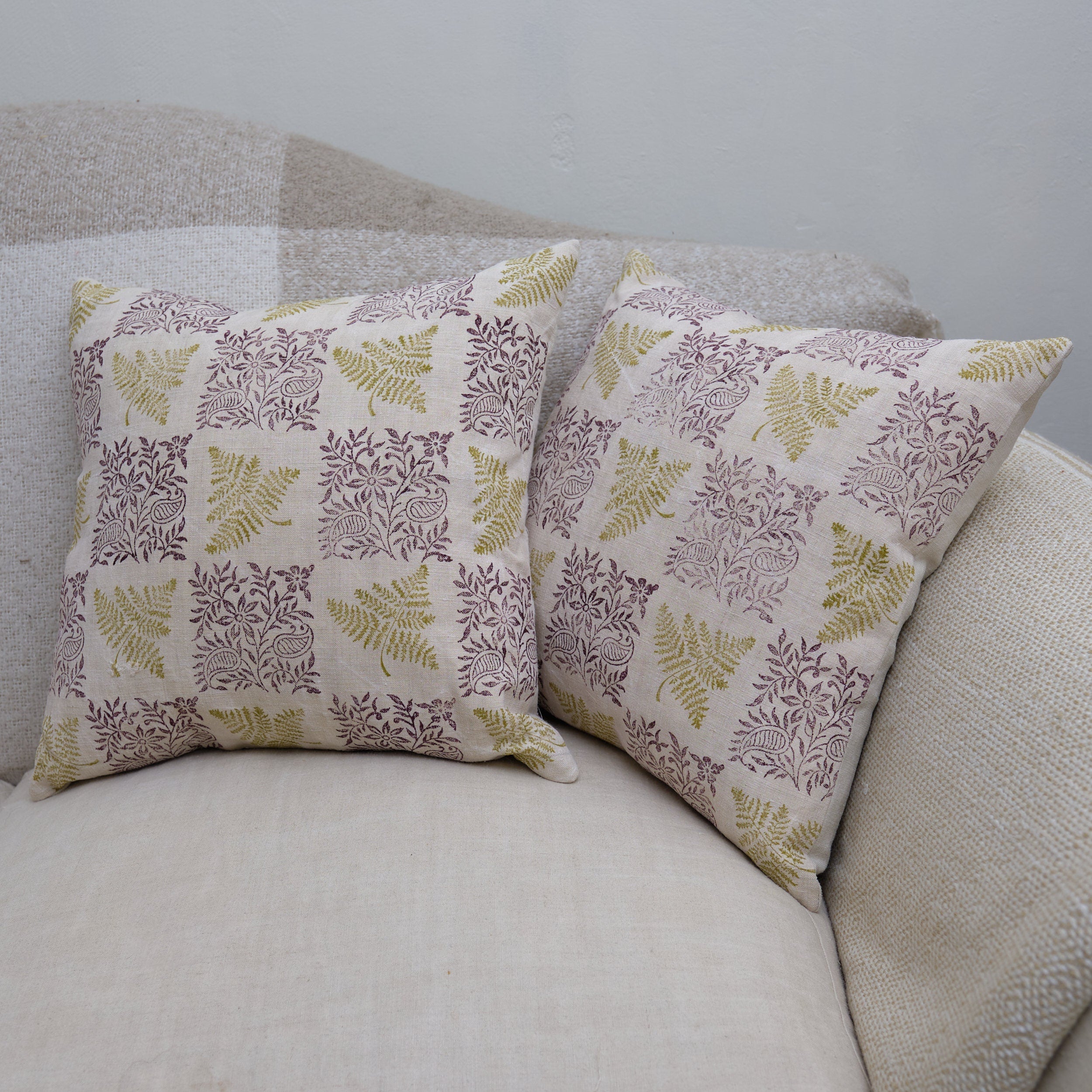 Medium hand made cushion cover, block printed antique French hemp with vintage buttons (square)
