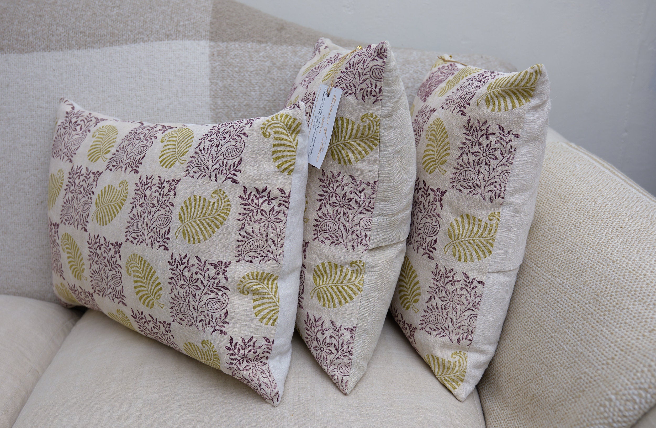 Medium hand made cushion cover, block printed antique French hemp with vintage buttons