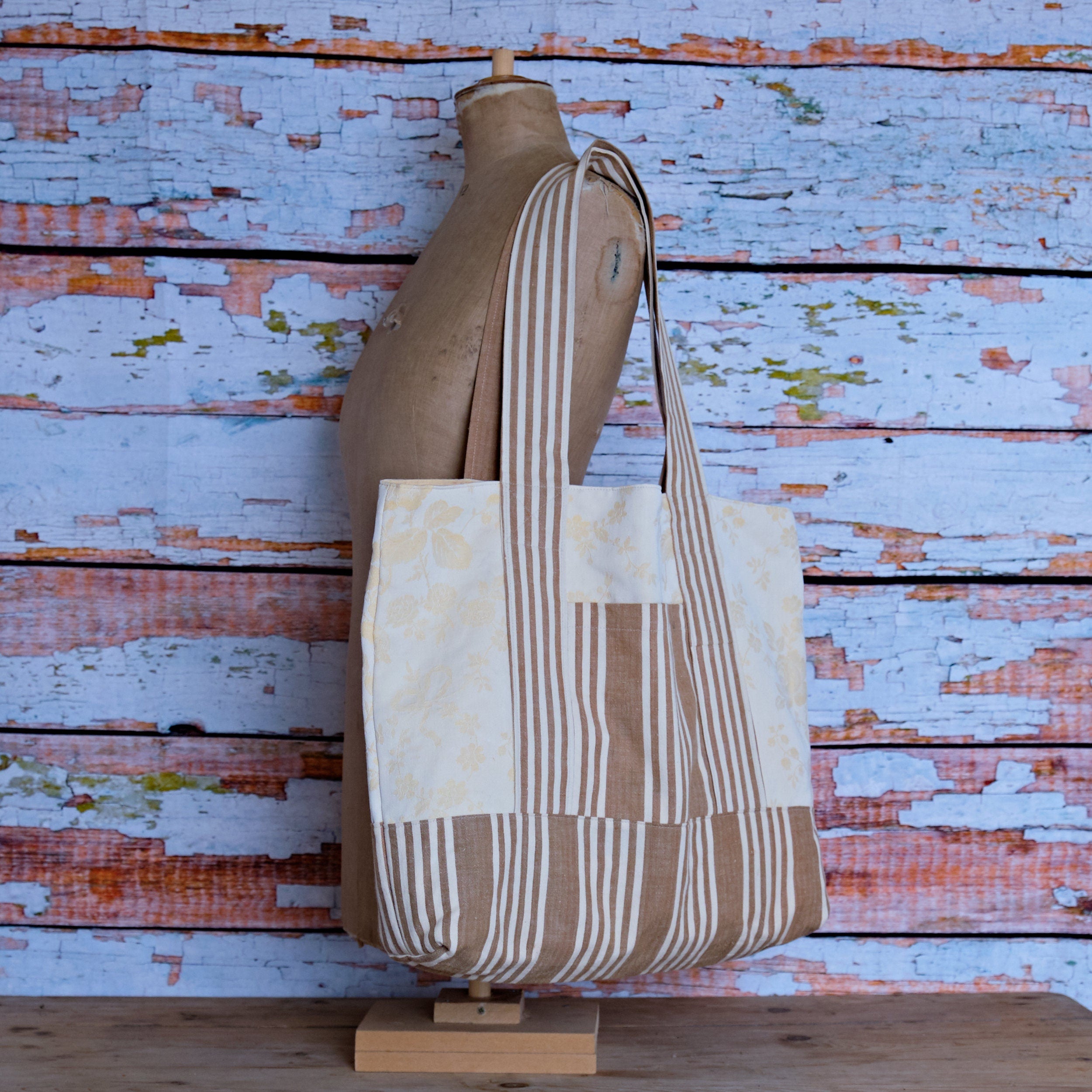 Extra Large Tote Bag: Antique French Damask & Linen