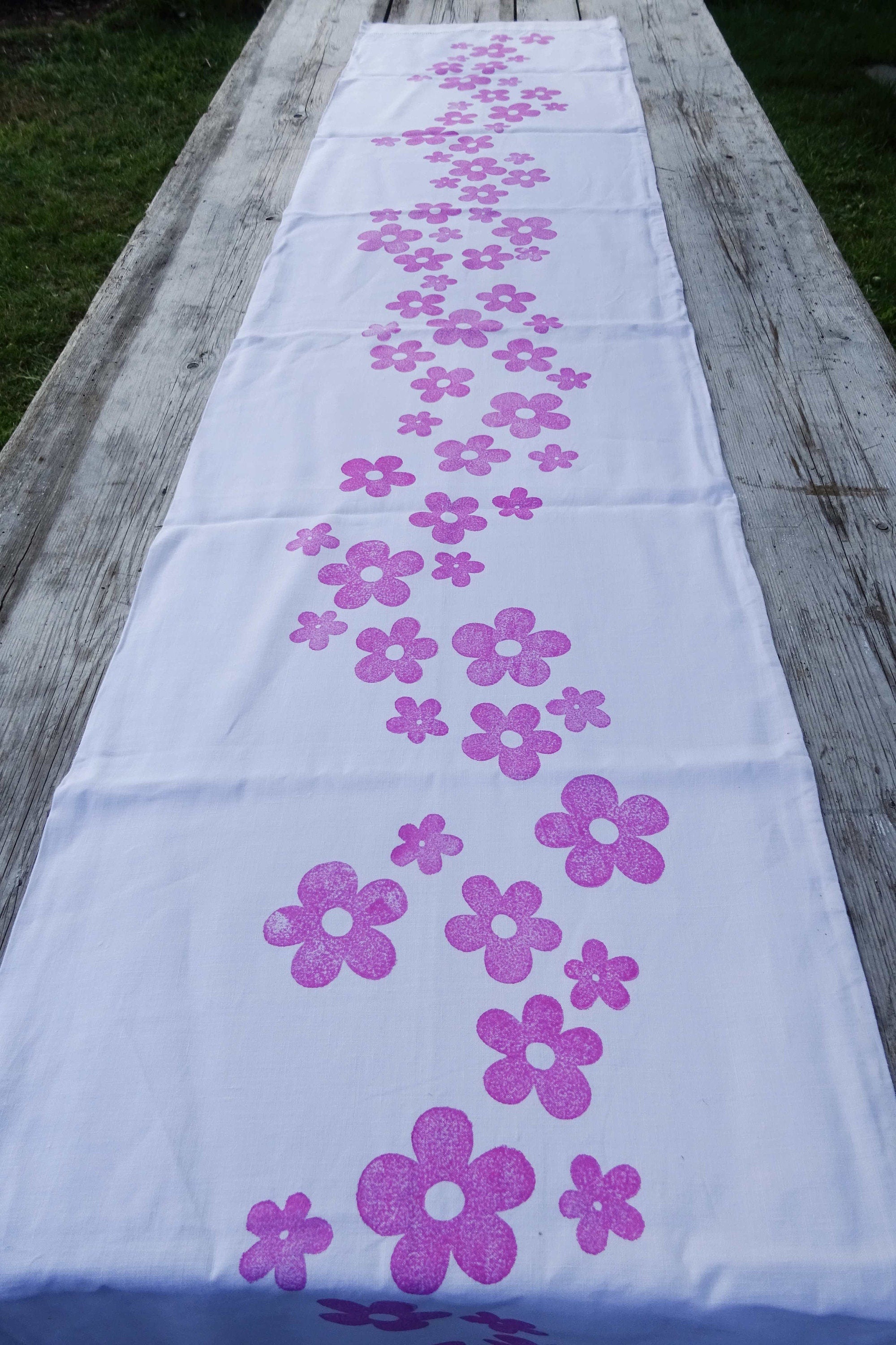 Extra long vintage French linen table runner, hand block printed