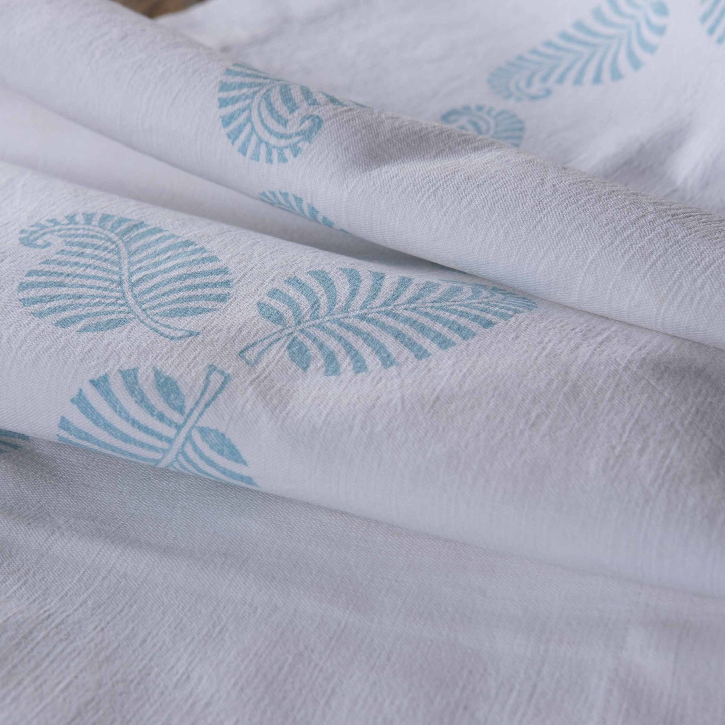 Vintage French linen table runner, hand block printed leaf design